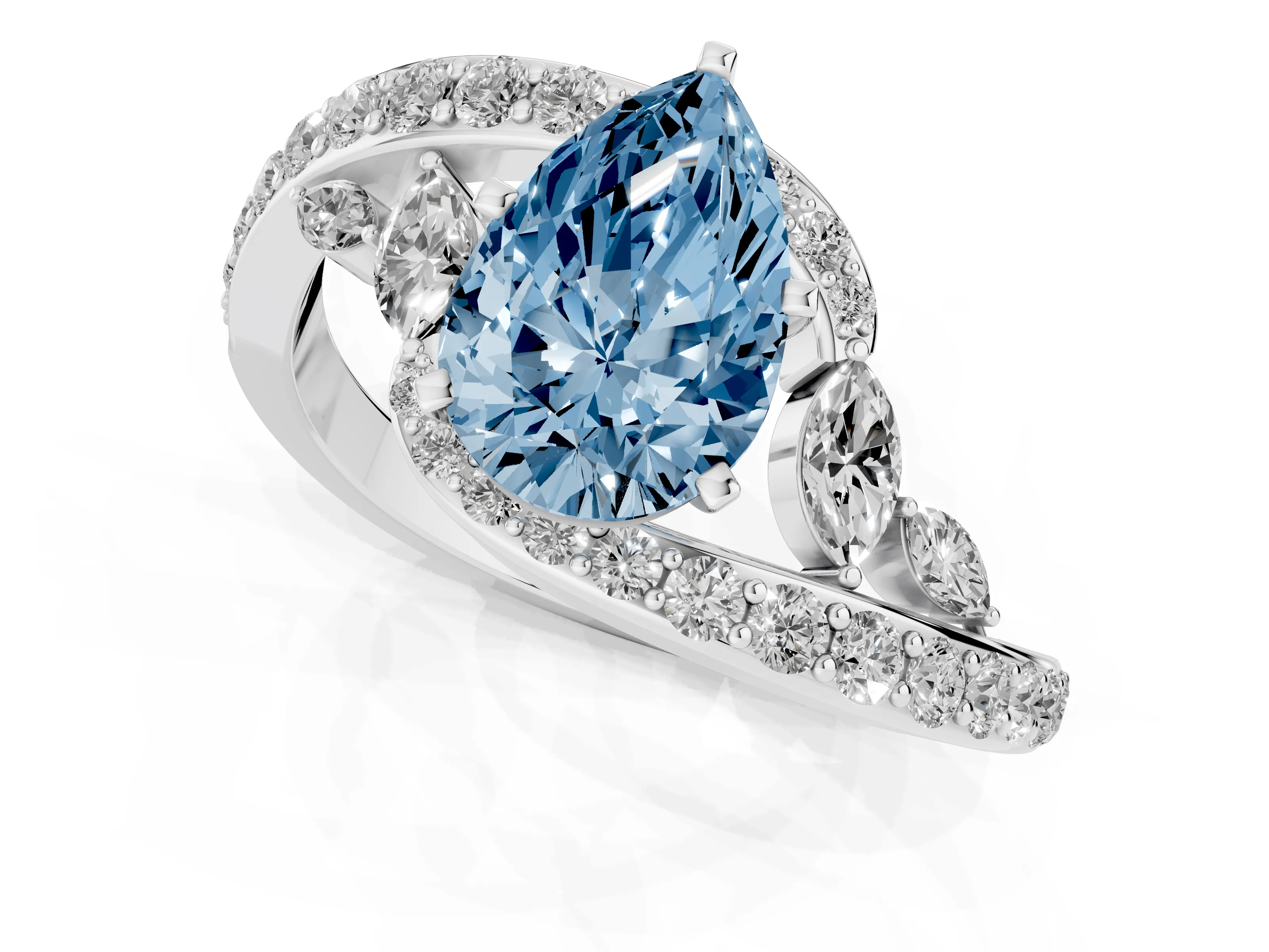 Fancy Blue Pear Cut Diamond Solitaire Ring Set in Platinum with Pavé Twist Band and Secure Prong Setting