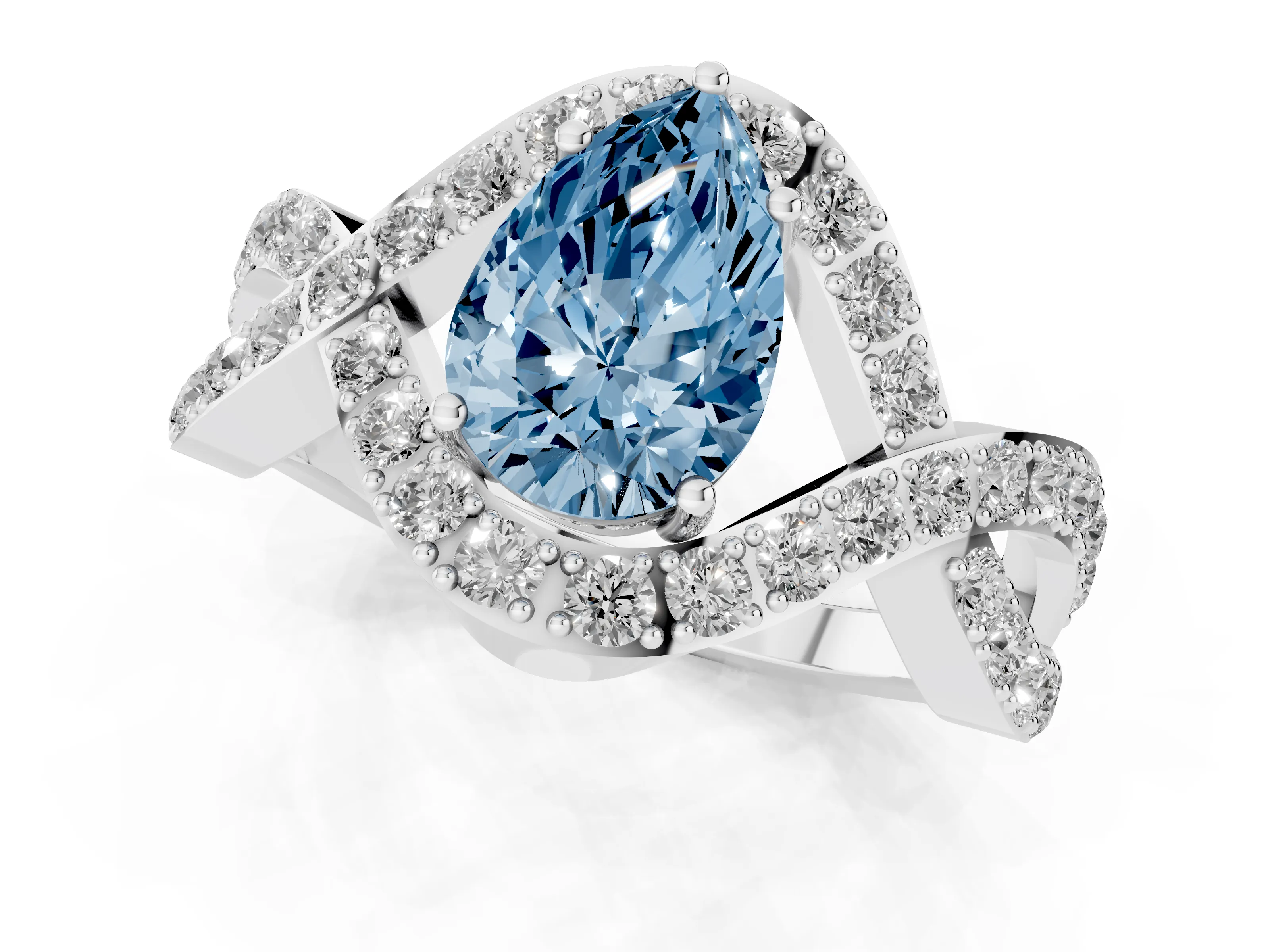 Fancy Blue Pear Cut Diamond Solitaire Twist Band Pavé Engagement Ring Set in White gold