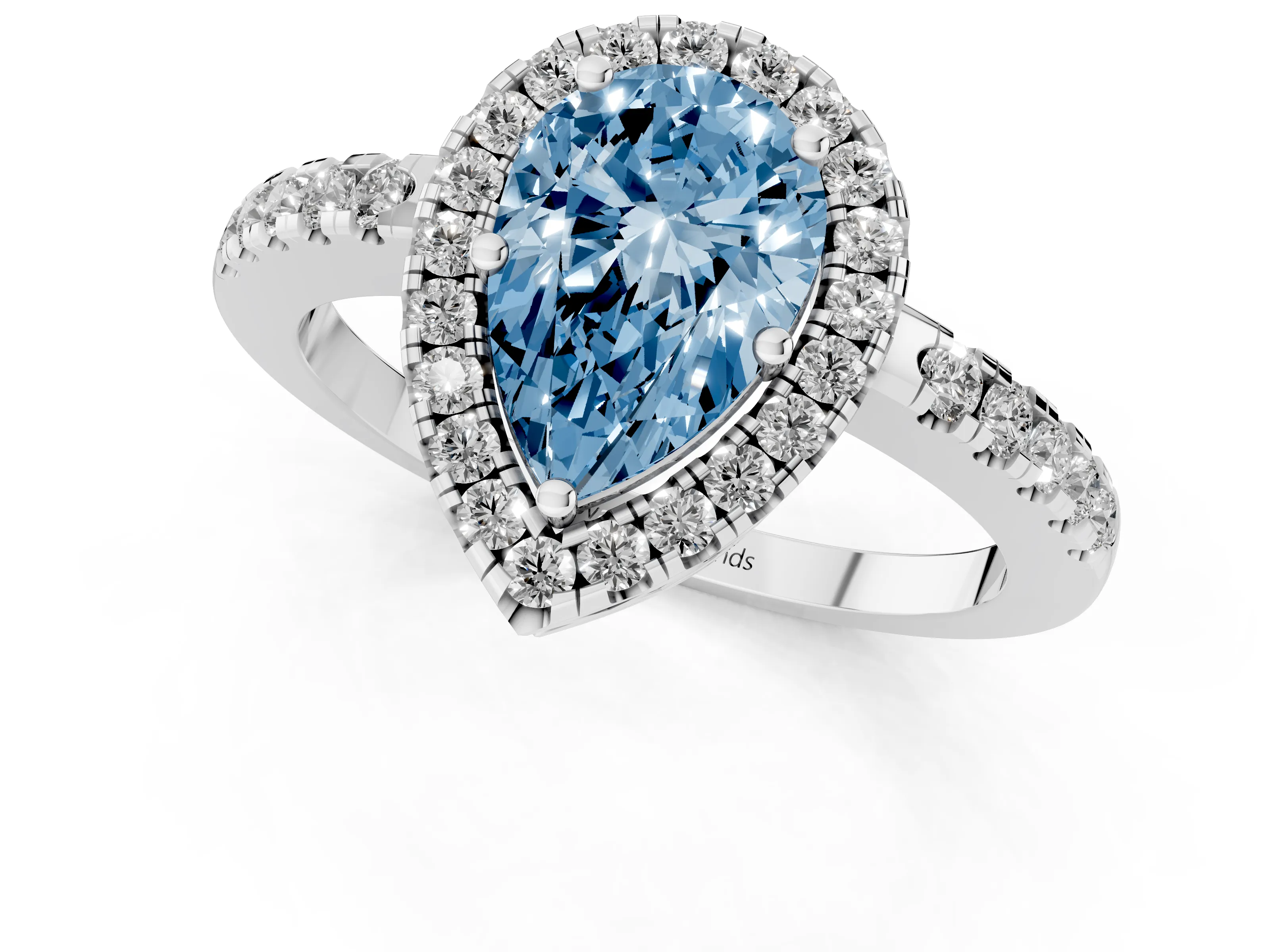 Fancy Blue Pear Cut Diamond Pavé Band Halo Engagement Ring Set in White gold with Prong Setting