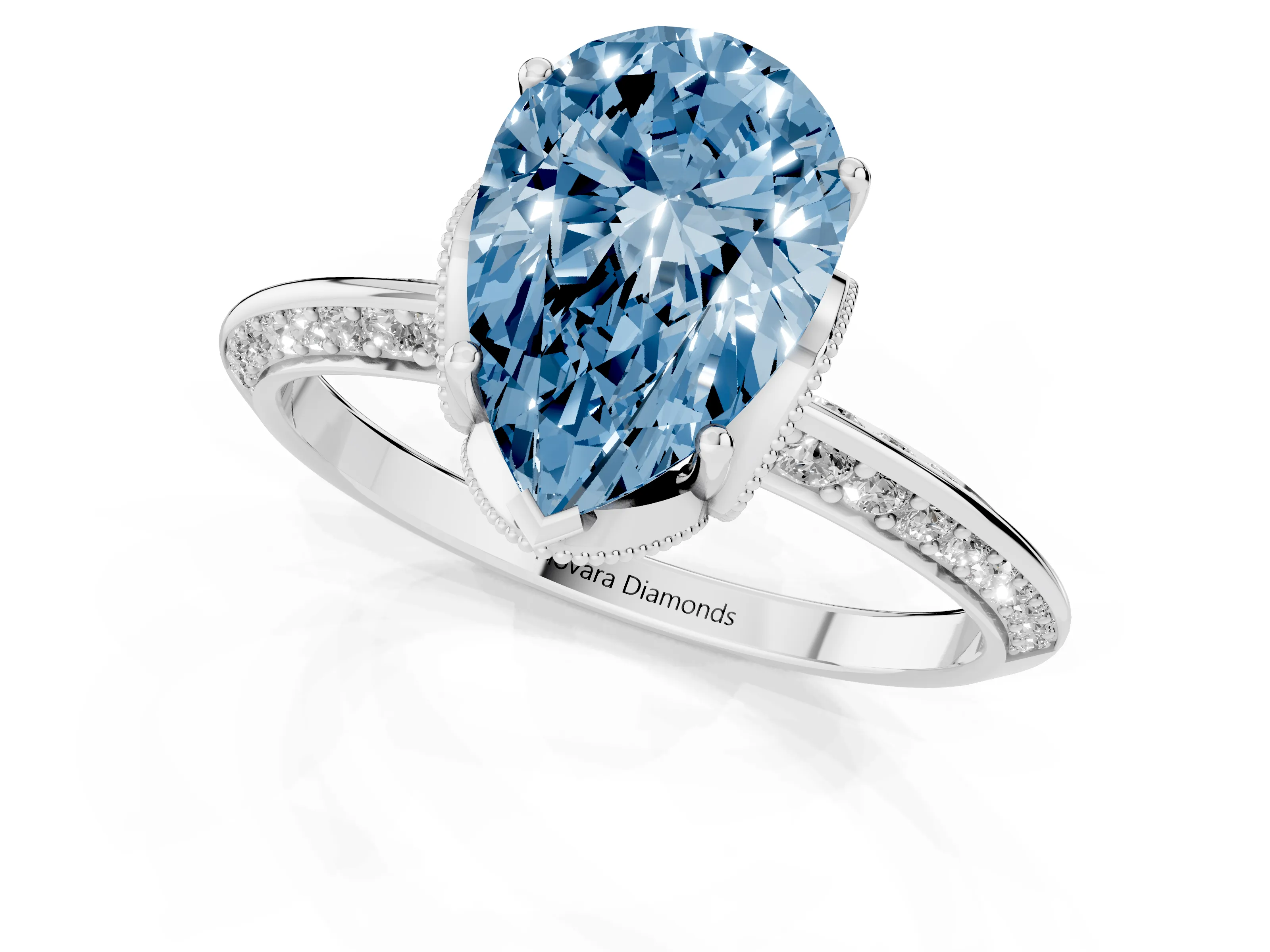 Fancy Blue Pear Cut Diamond Solitaire Engagement Ring Set in Silver with Pavé Split Shank and Prong Setting
