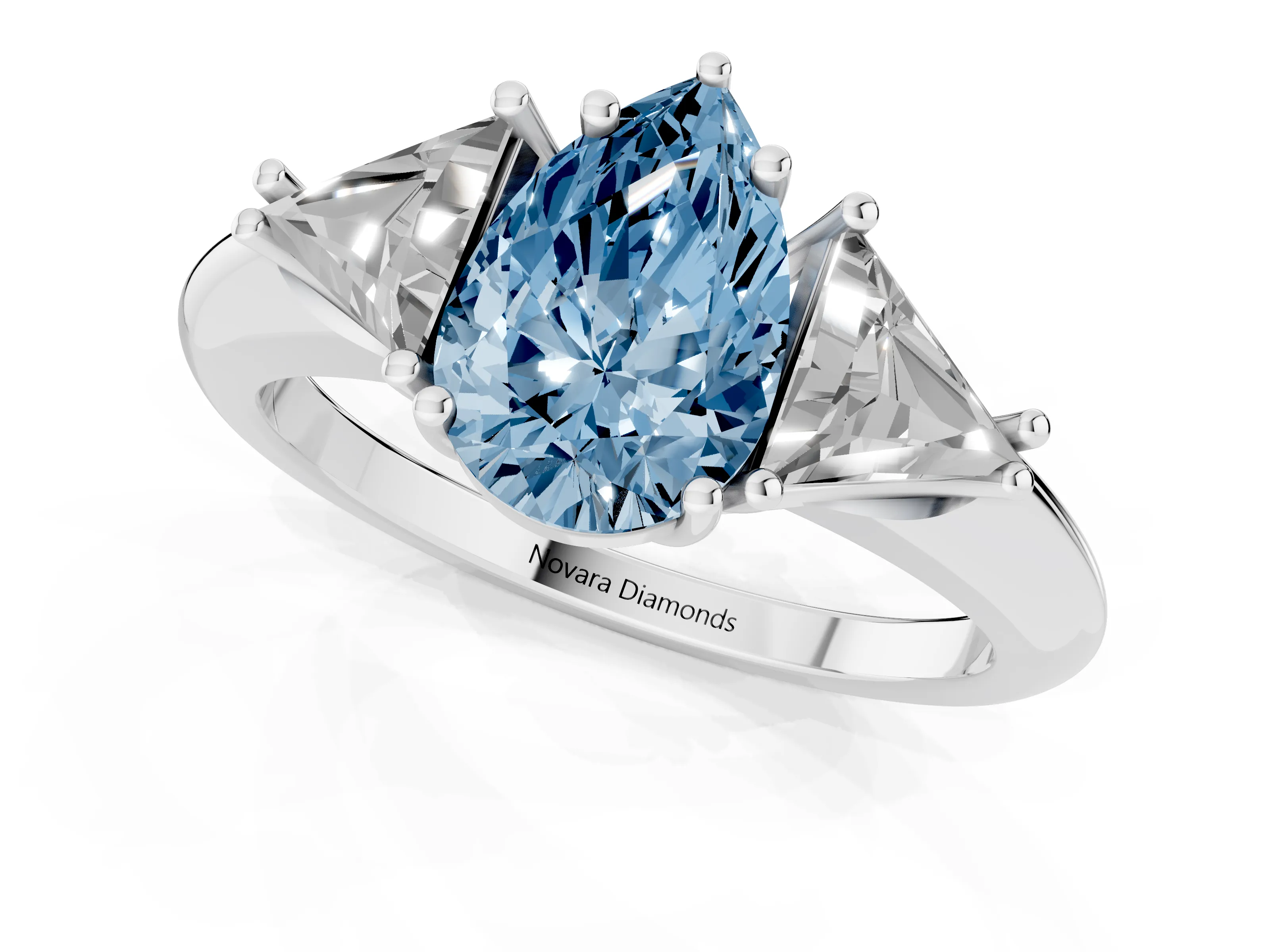 Fancy Blue Pear Cut Diamond Three-Stone Engagement Ring Set in Platinum with Trillion Side Stones