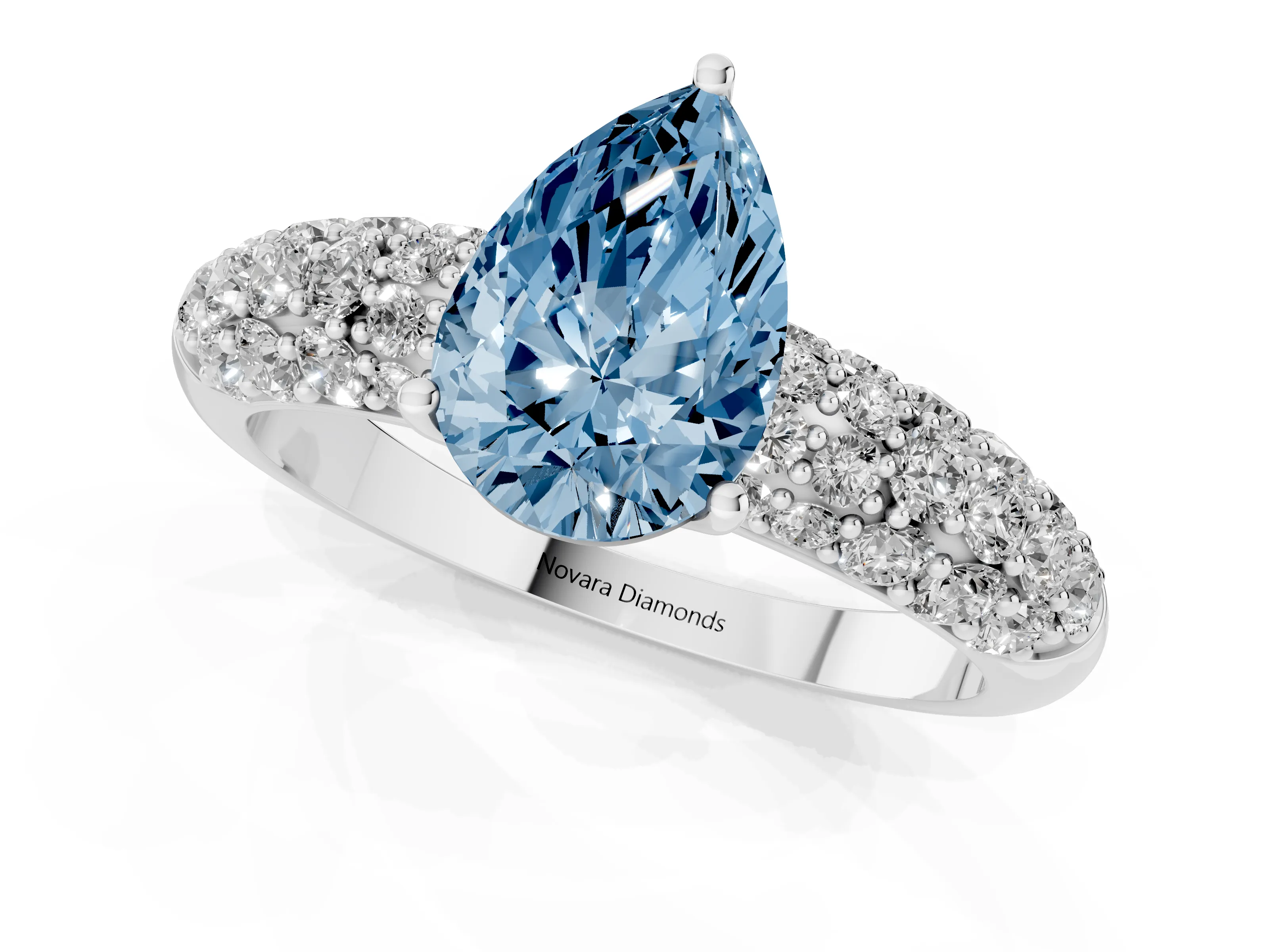 Fancy Blue Pear Cut Diamond Pavé Band Solitaire Ring Set in Silver with Close-Set Accent Stones and Prong Setting