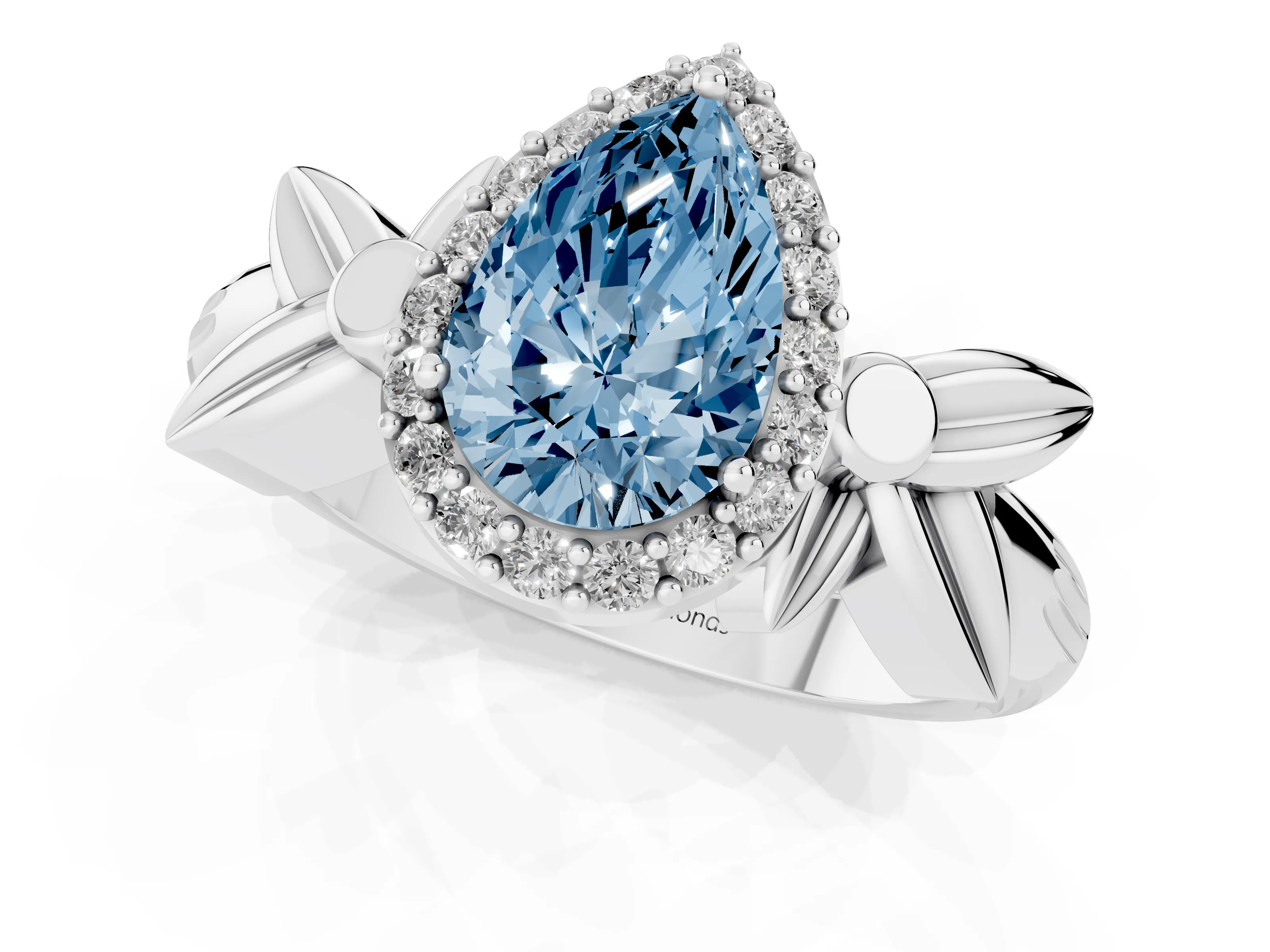 Fancy Blue Pear Cut Diamond Halo Floral Band Ring Set in White gold with Prong Setting