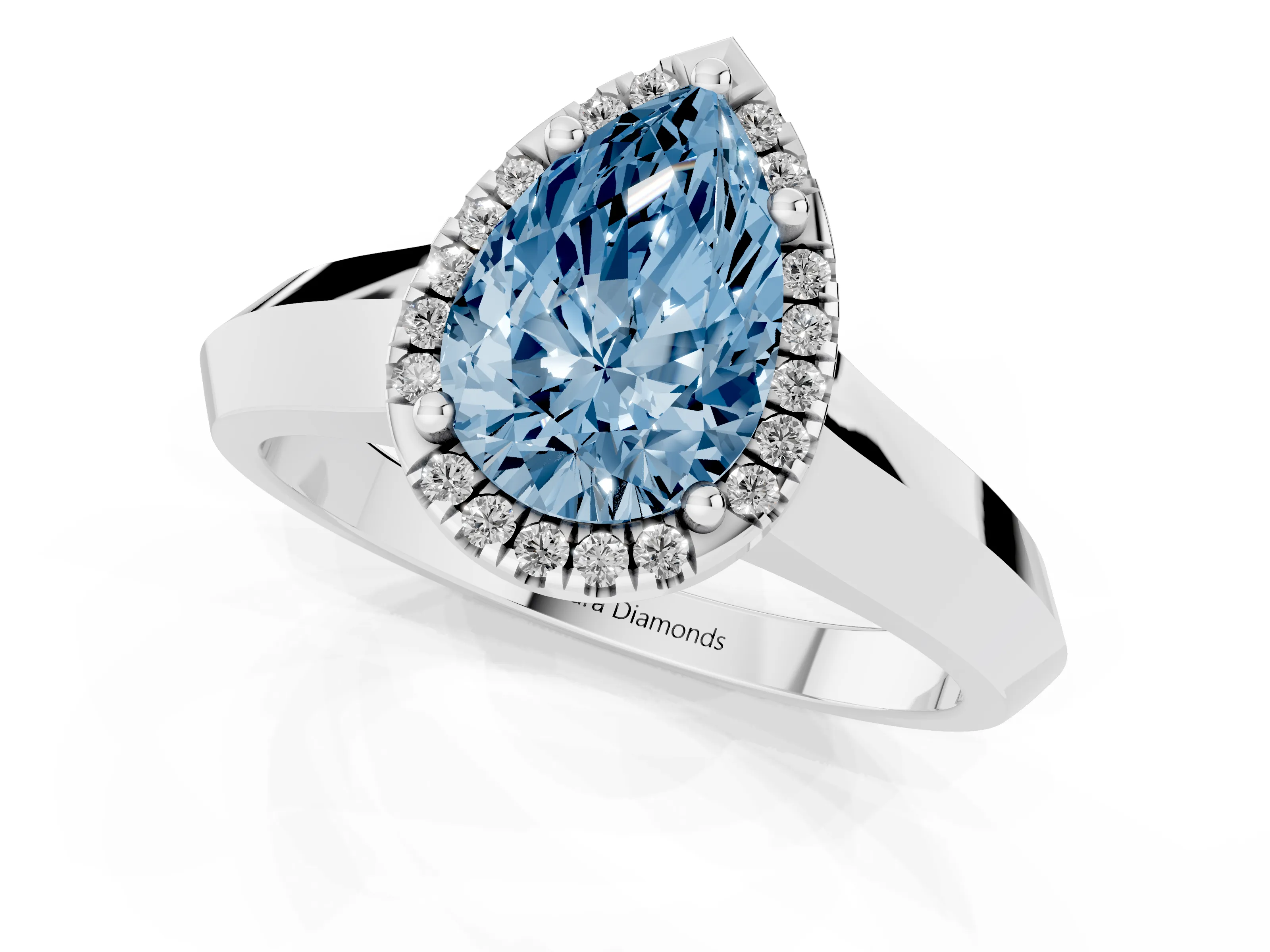 Fancy Blue Pear Cut Diamond Halo Ring Set in Platinum with Cathedral Band and Prong Setting