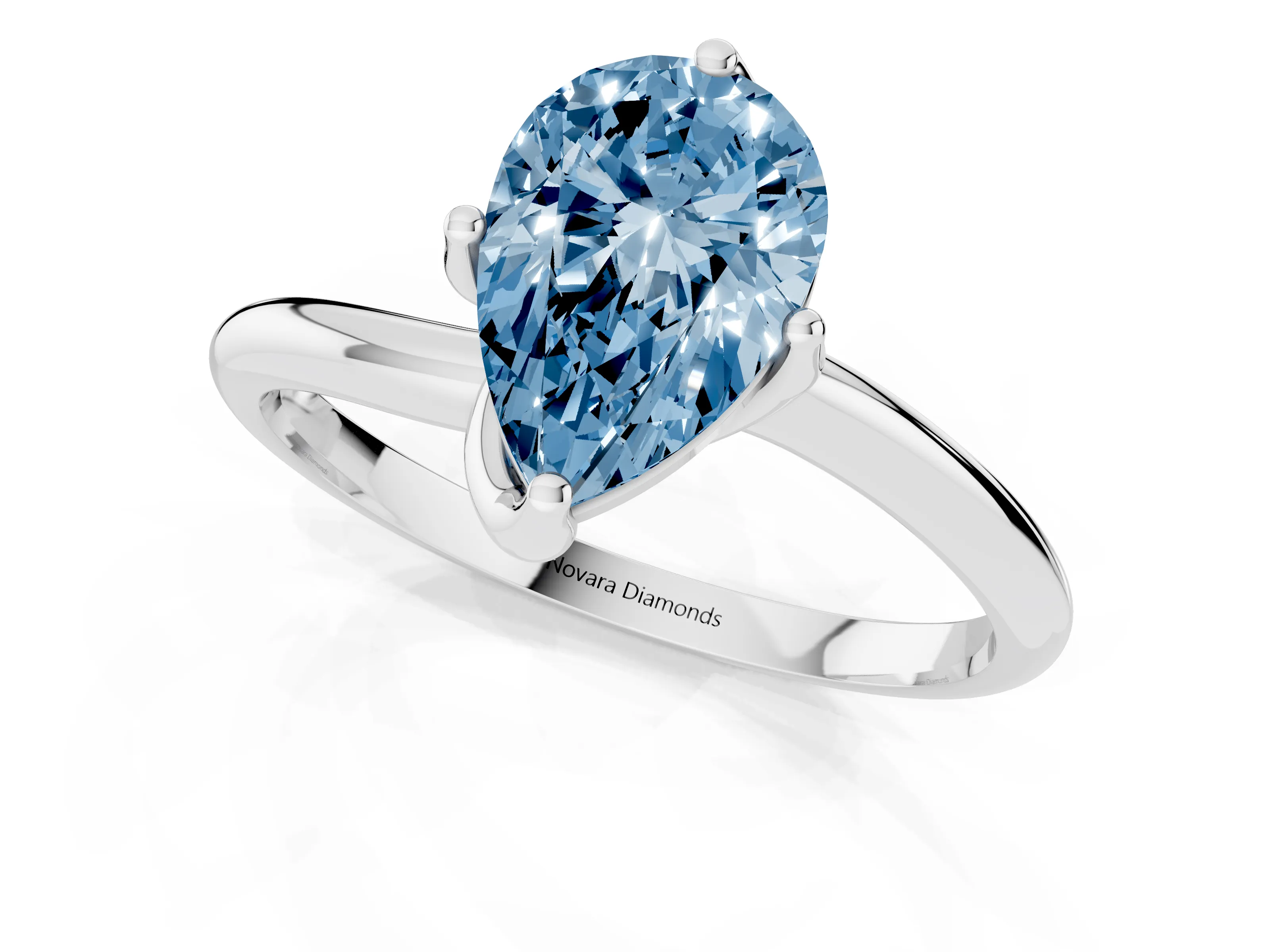 Fancy Blue Pear Cut Diamond Solitaire Engagement Ring Set in Platinum with Classic Plain Band
