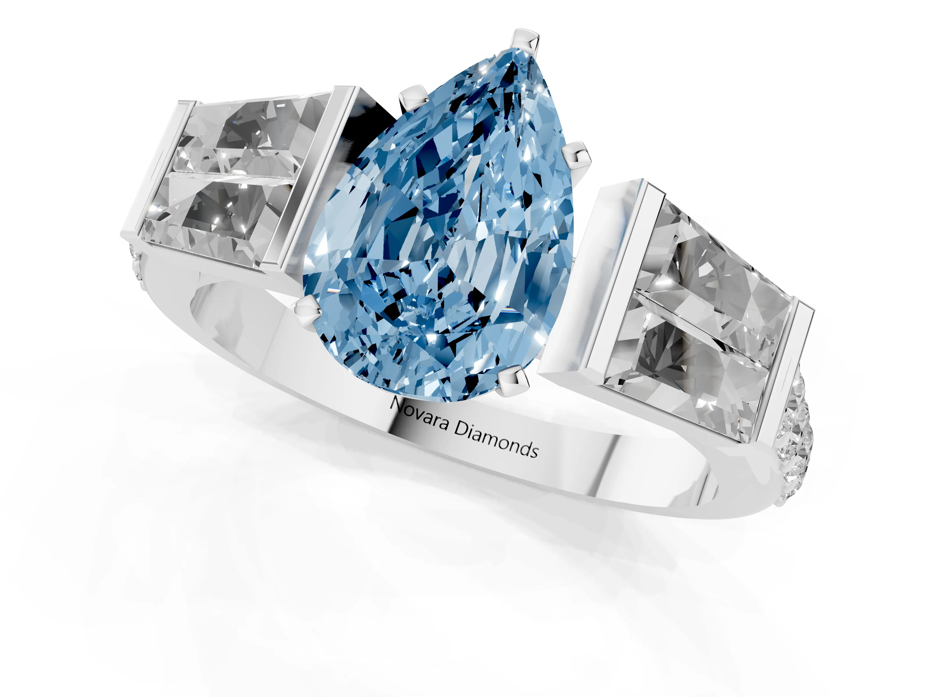 Fancy Blue Pear Cut Diamond Engagement Ring Set in White gold with Baguette Side Stones and Channel Set Band