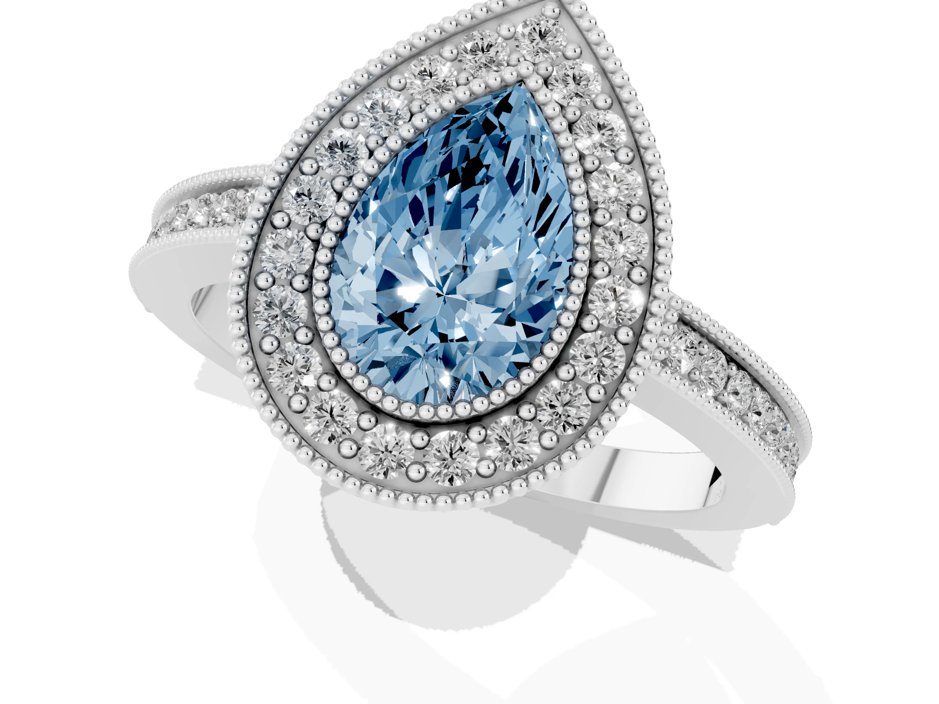Fancy Blue Pear Cut Diamond Halo Ring Set in Platinum with Pavé Band and Milgrain-Edged Prongs