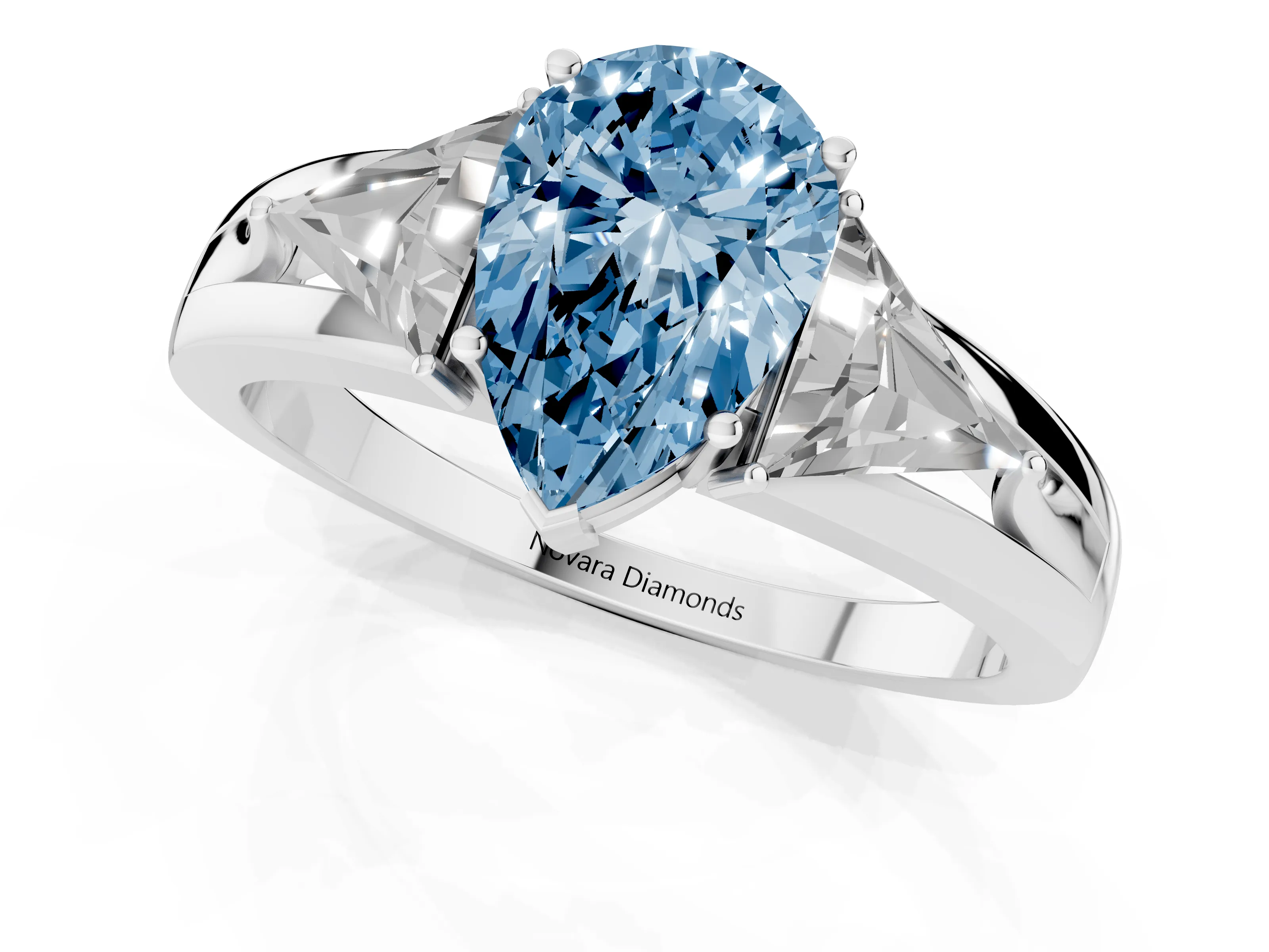 Fancy Blue Pear Cut Diamond Three-Stone Ring Set in Silver with Trillion Side Stones and Split Shank