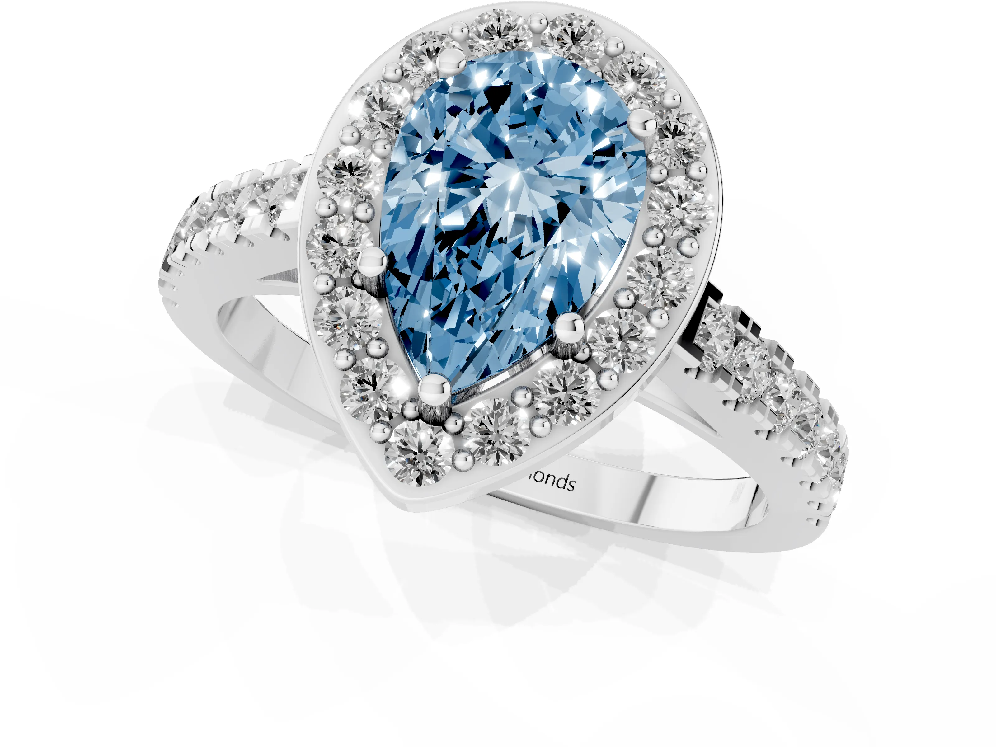 Fancy Blue Pear Cut Diamond Halo Ring Set in White gold with Round Pavé Split Shank and Prong Setting