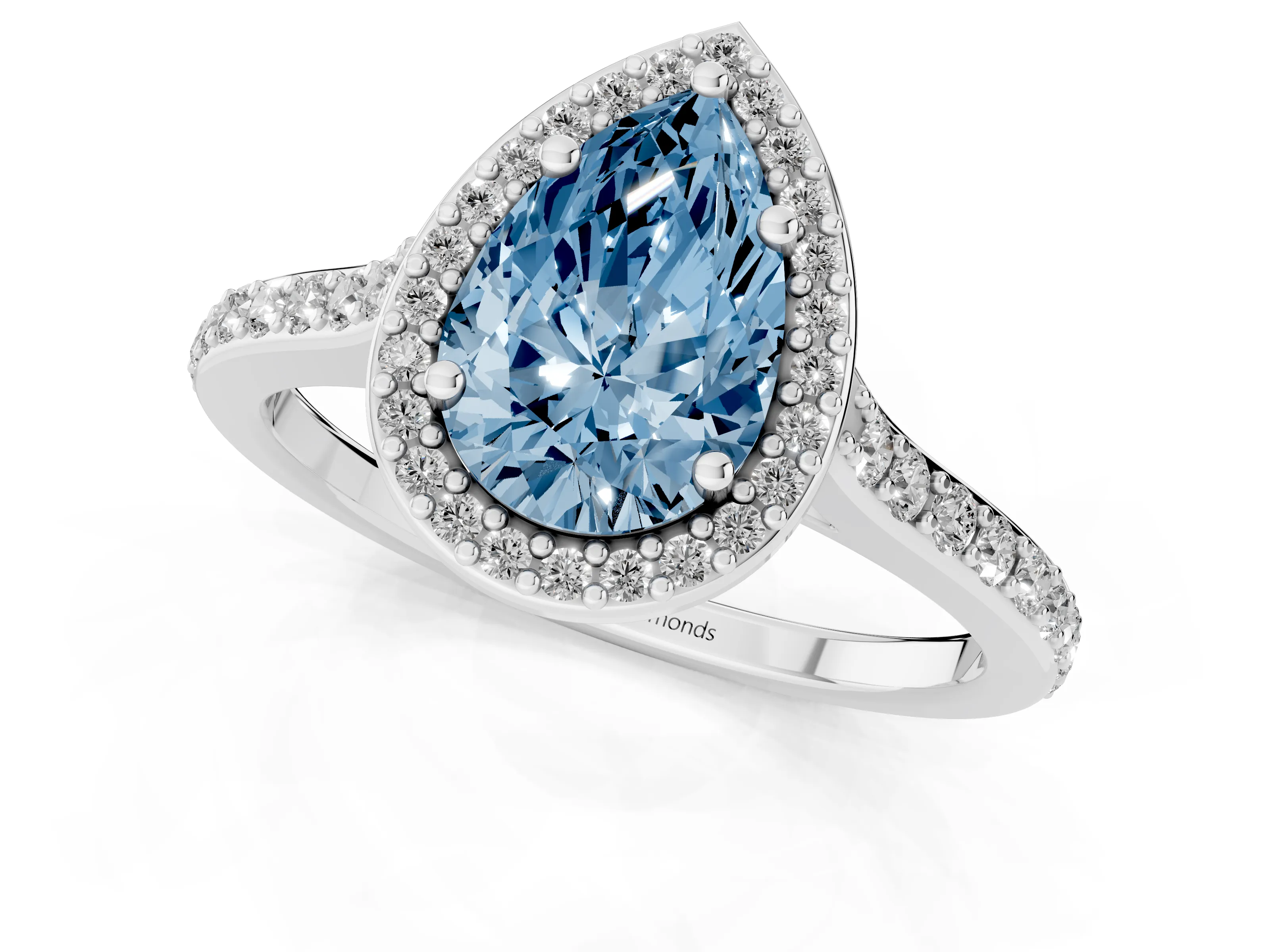 Fancy Blue Pear Cut Diamond Halo Engagement Ring Set in Platinum with Round Pavé Shoulders and Heart Gallery – second view
