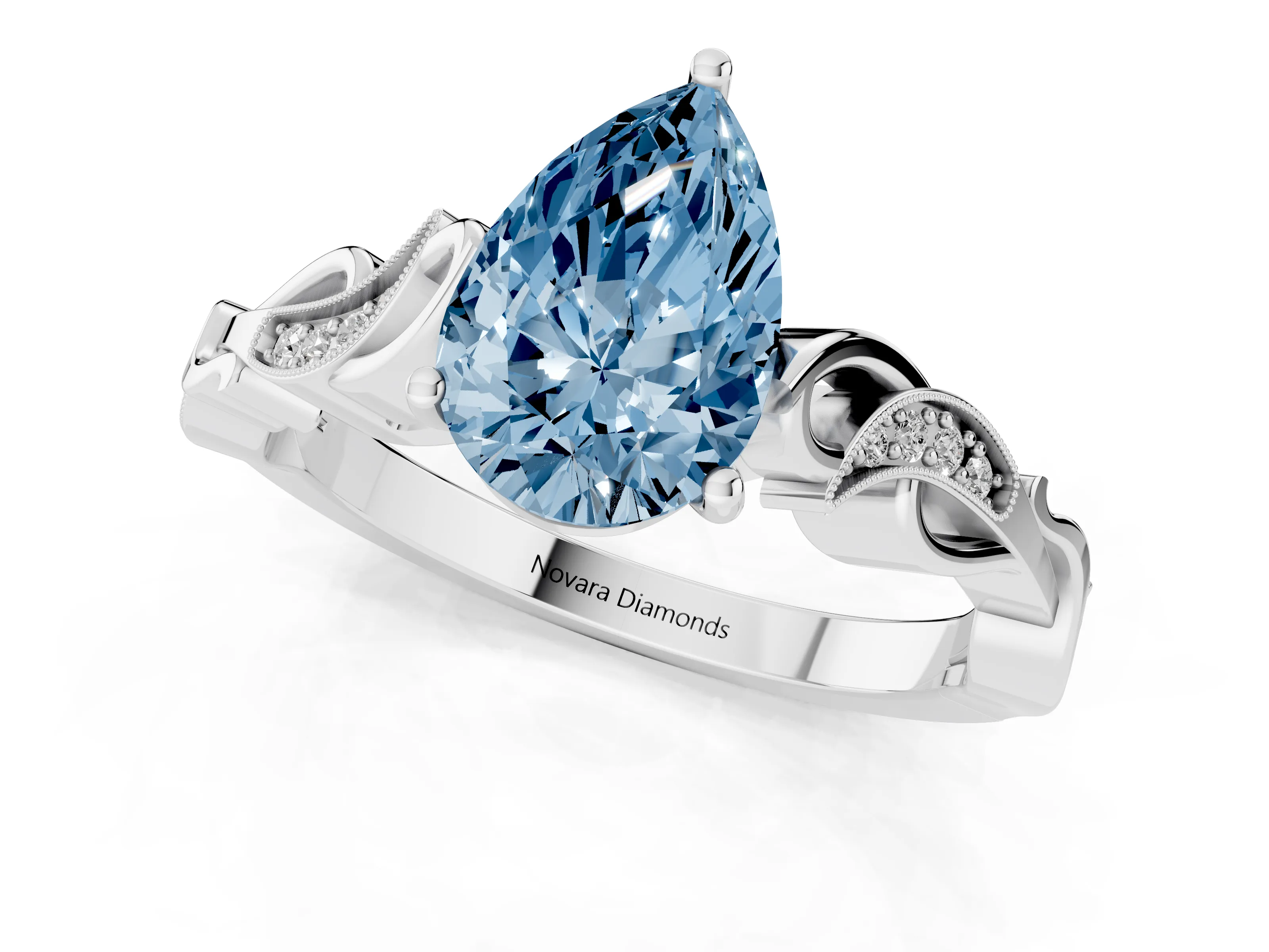Fancy Blue Pear Cut Diamond Vine Band Solitaire Ring Set in Silver with Milgrain Prong Setting
