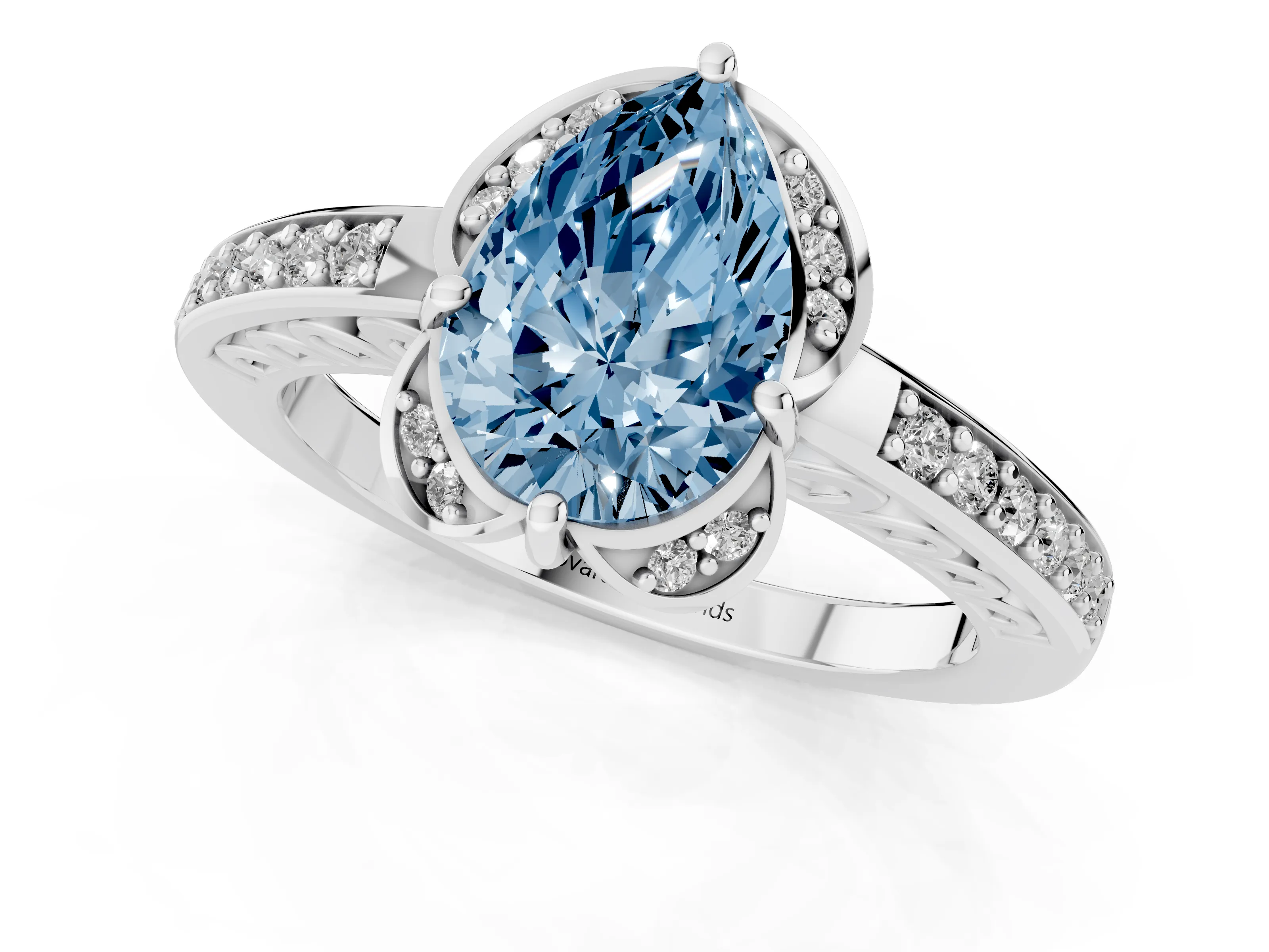 Fancy Blue Pear Cut Diamond Halo Ring Set in Silver with Channel Set Band and Prong Setting