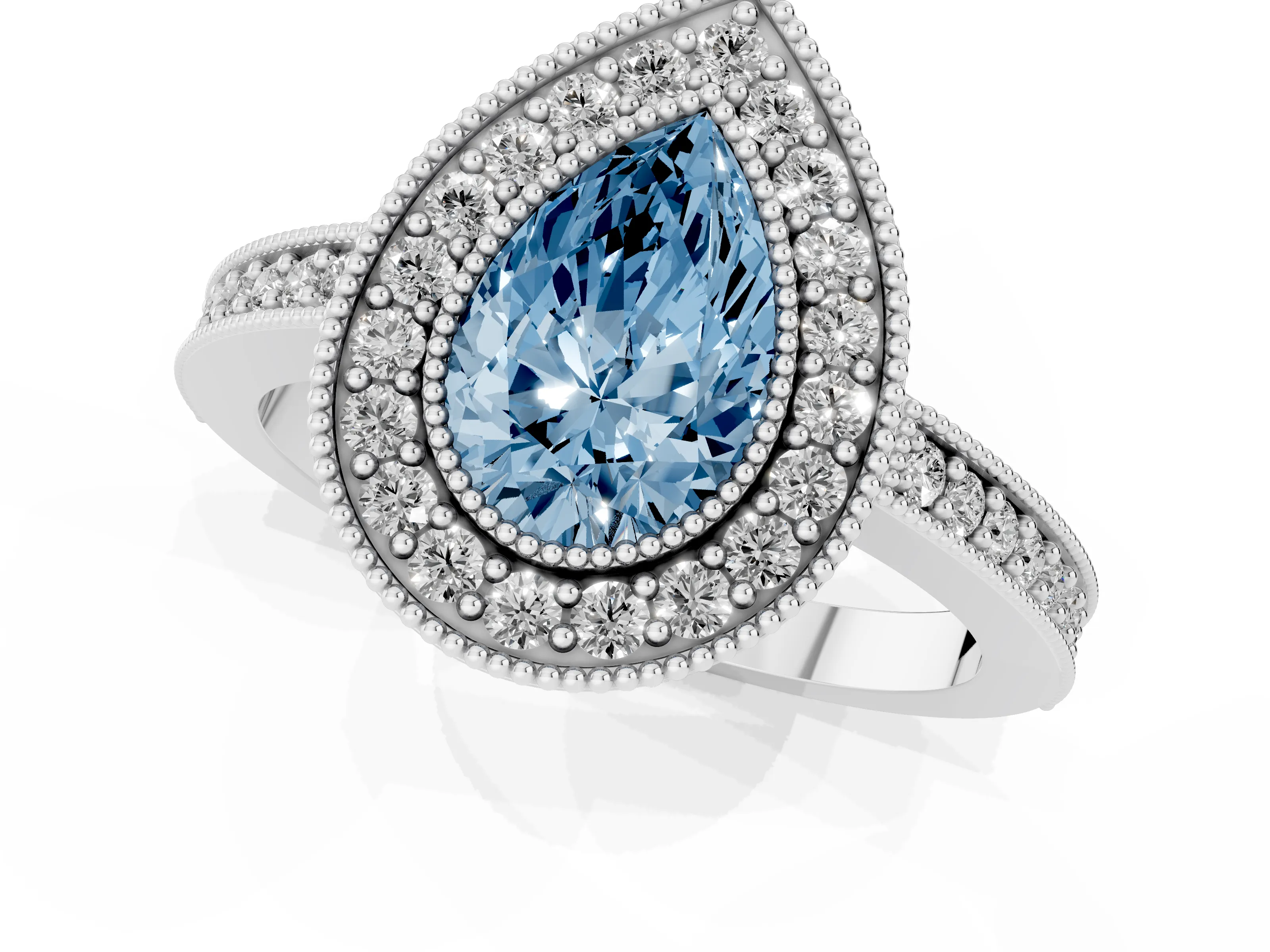 Fancy Blue Pear Cut Diamond Halo Engagement Ring Set in Platinum with Pavé Band and Round Halo Stones