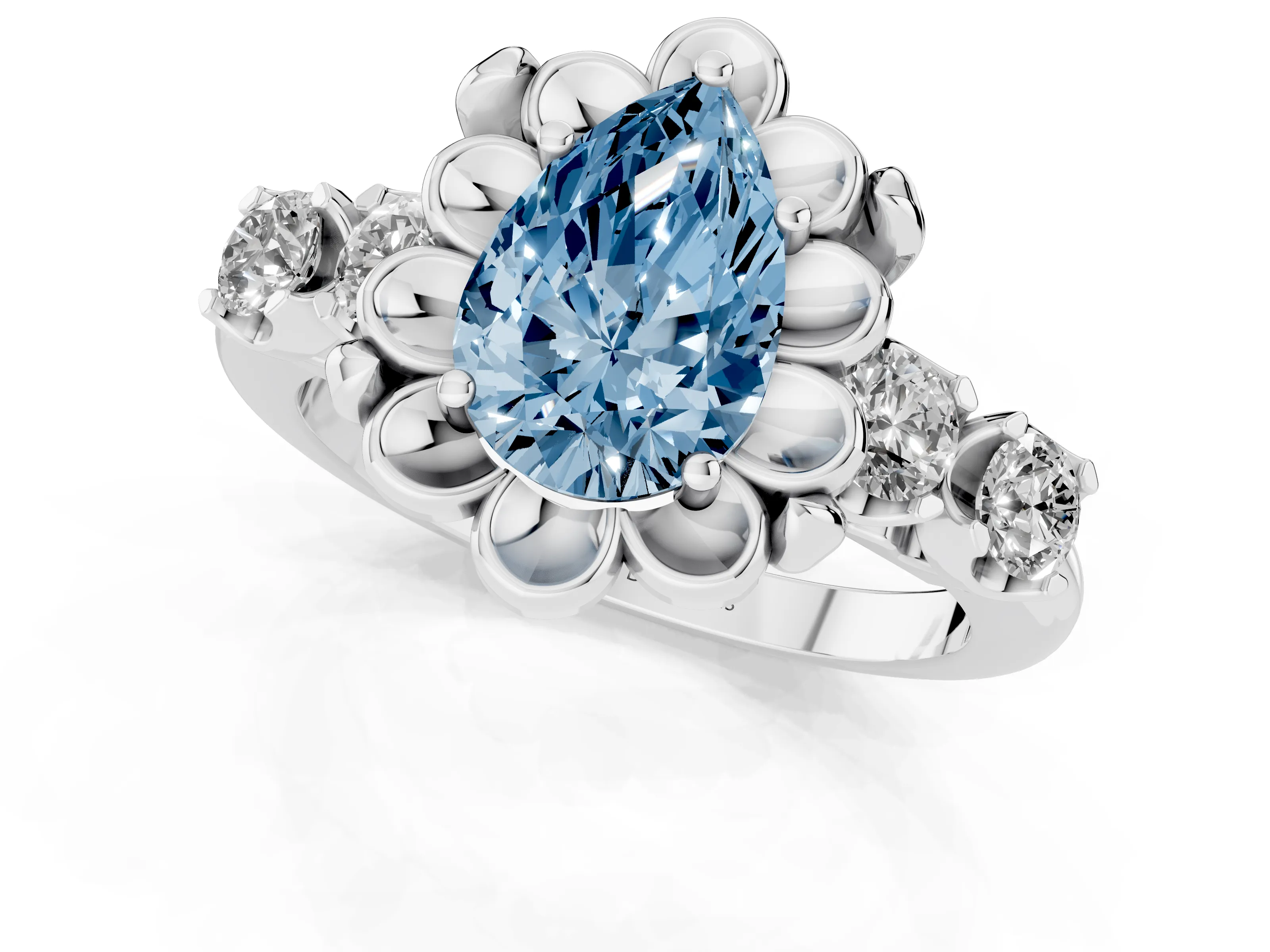 Fancy Blue Pear Cut Diamond Floral Halo Ring Set in Silver with Shared Prong Band