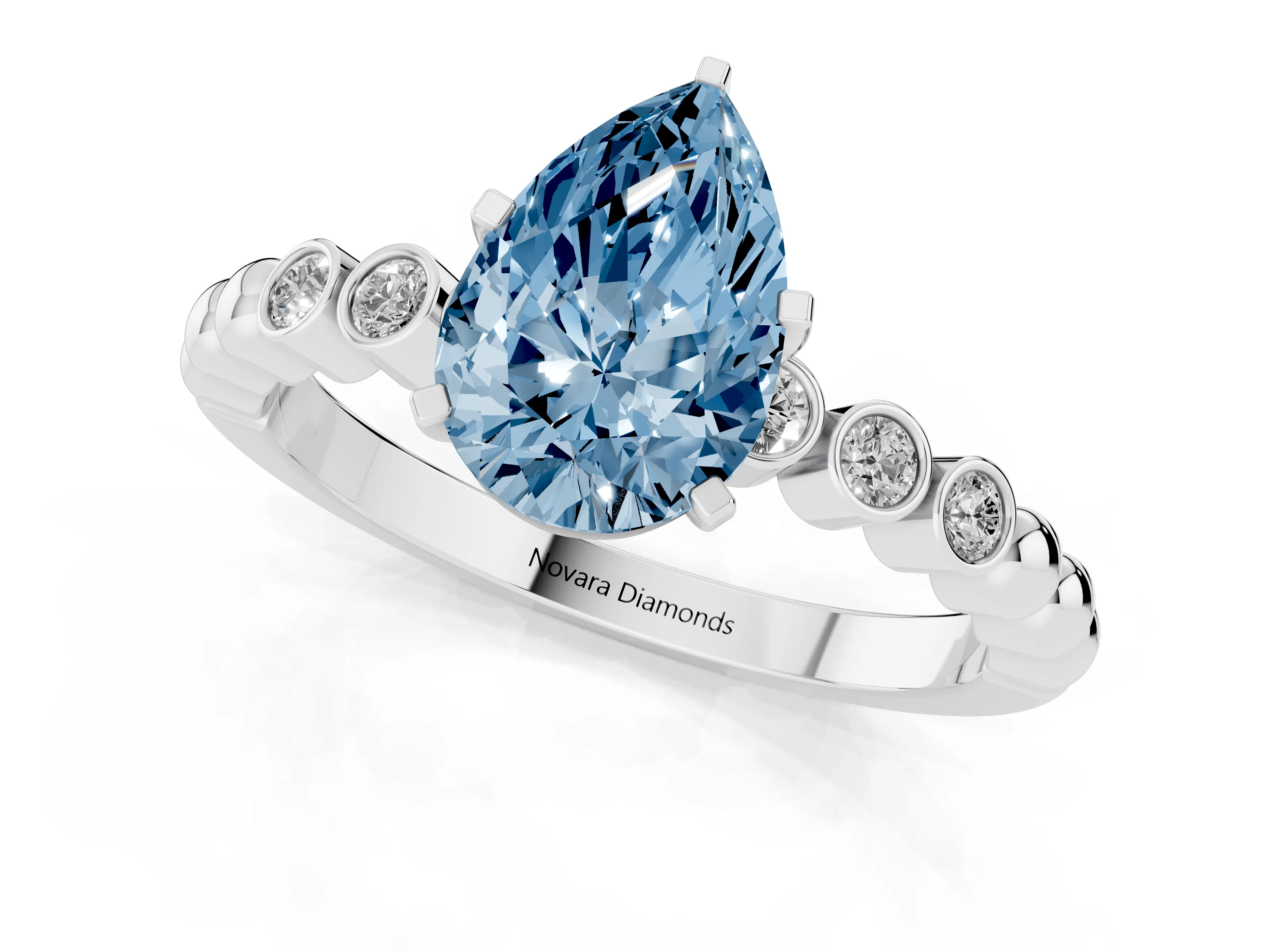 Fancy Blue Pear Cut Diamond Solitaire Engagement Ring Set in Silver with Bezel Accents on Beaded Band