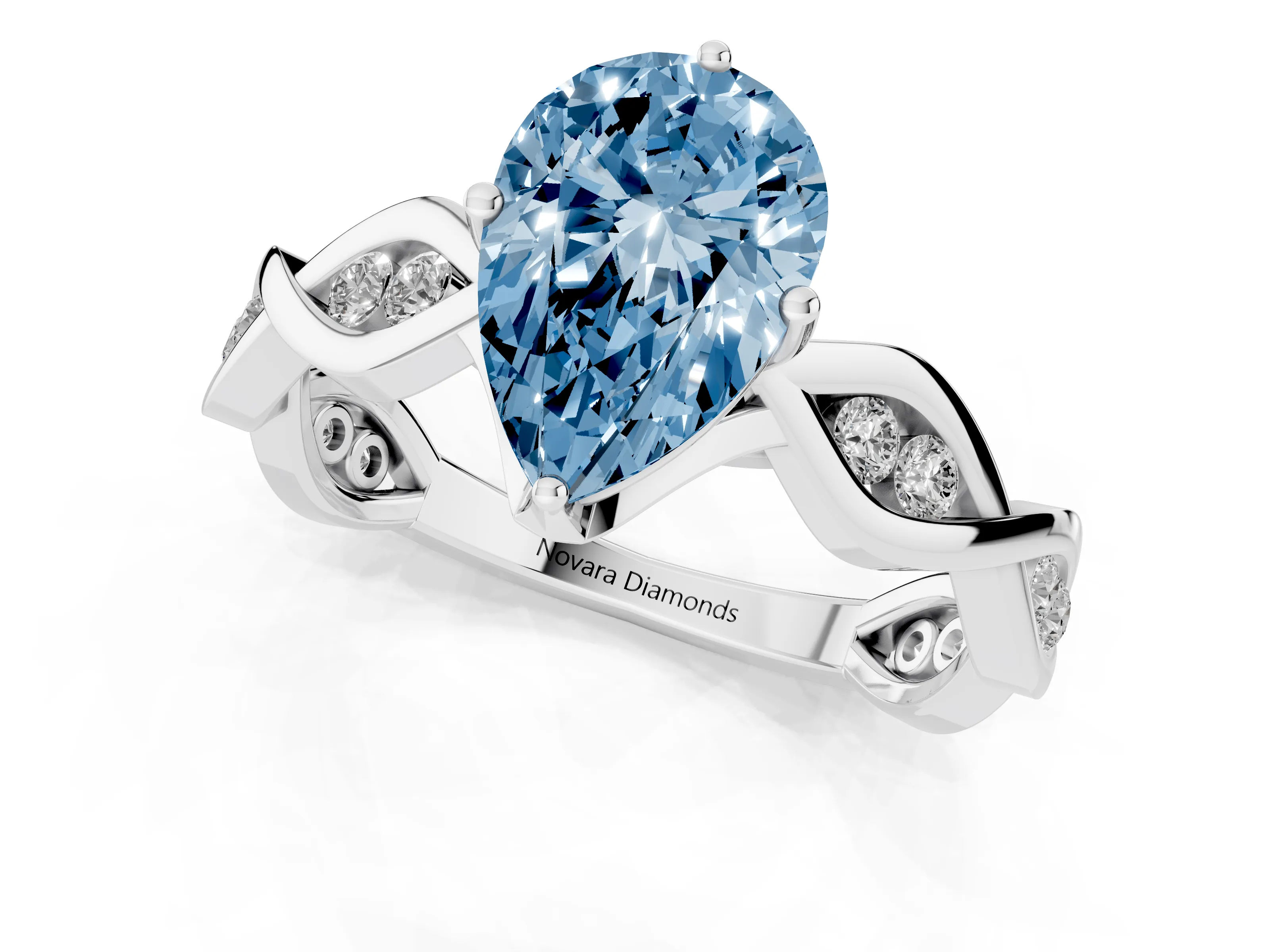 Fancy Blue Pear Cut Diamond Twist Band Solitaire Ring Set in Silver with Leaf Prong Setting and Accent Stones
