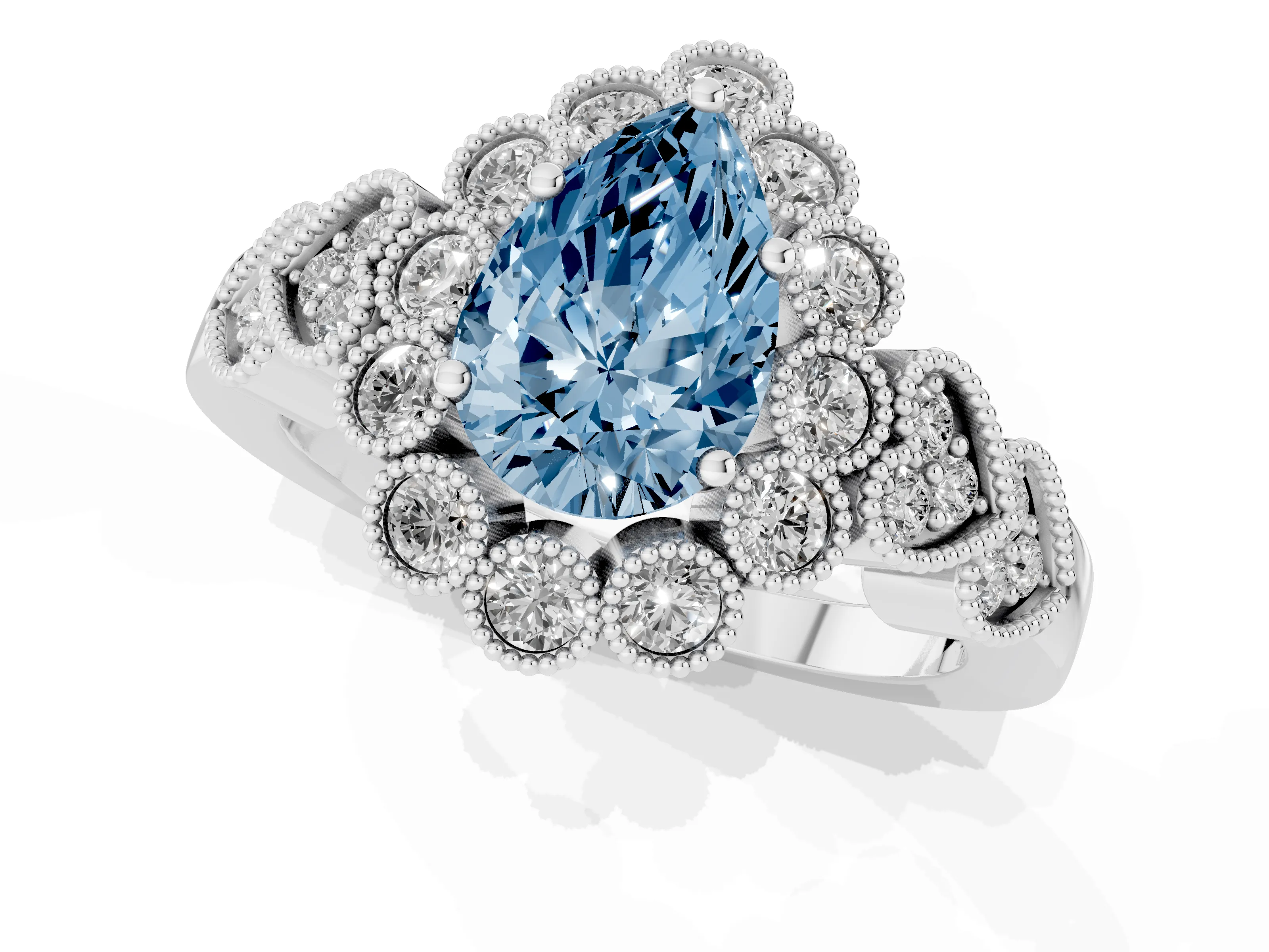 Fancy Blue Pear Cut Diamond Solitaire Ring Set in Platinum with Milgrain Pavé Heart Band
