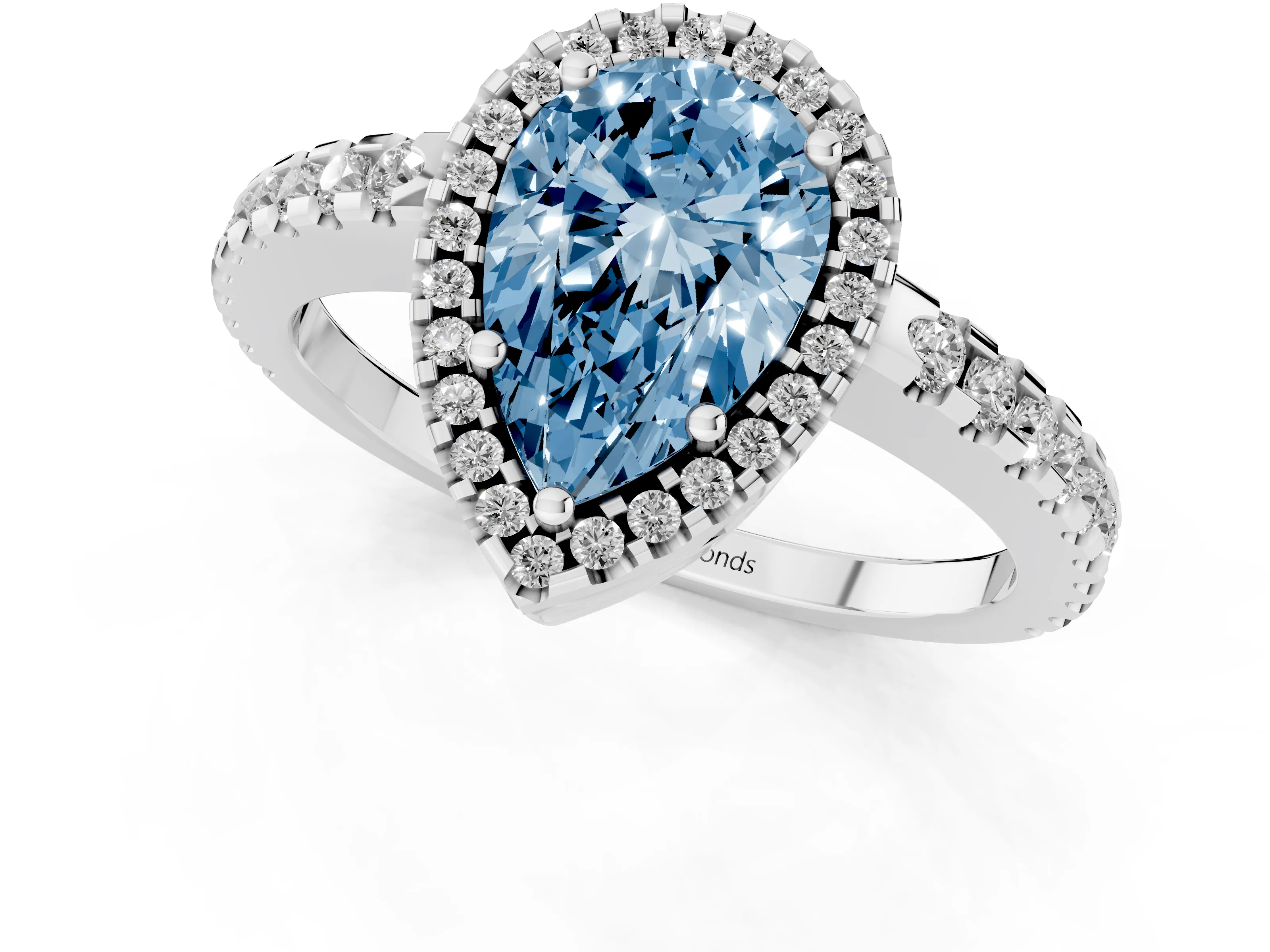Fancy Blue Pear Cut Diamond Halo Ring Set in Silver with Pavé Shoulders and Halo-Framed Center