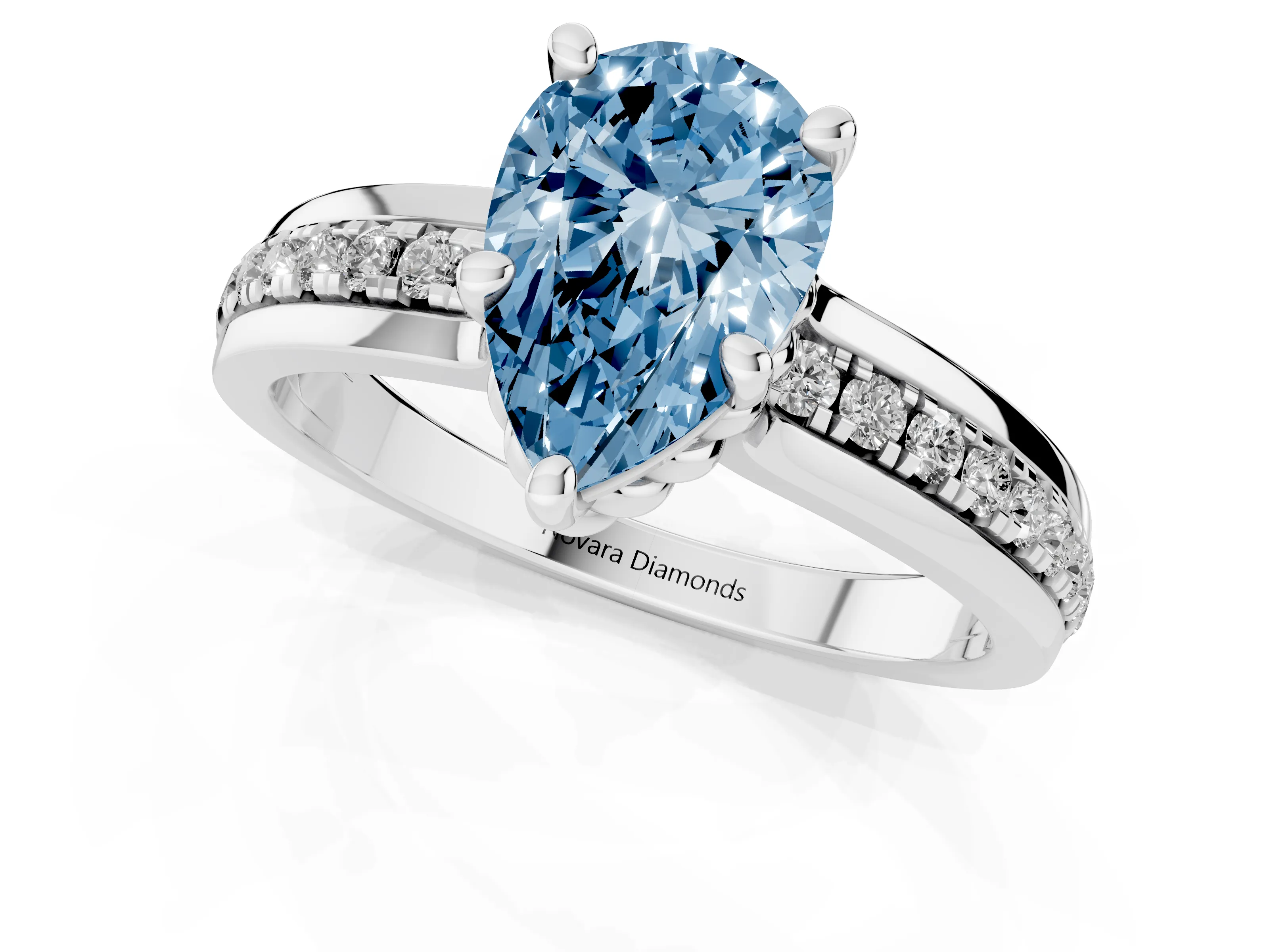Fancy Blue Pear Cut Diamond Solitaire Ring Set in Platinum with Channel Set Band and Prong Setting