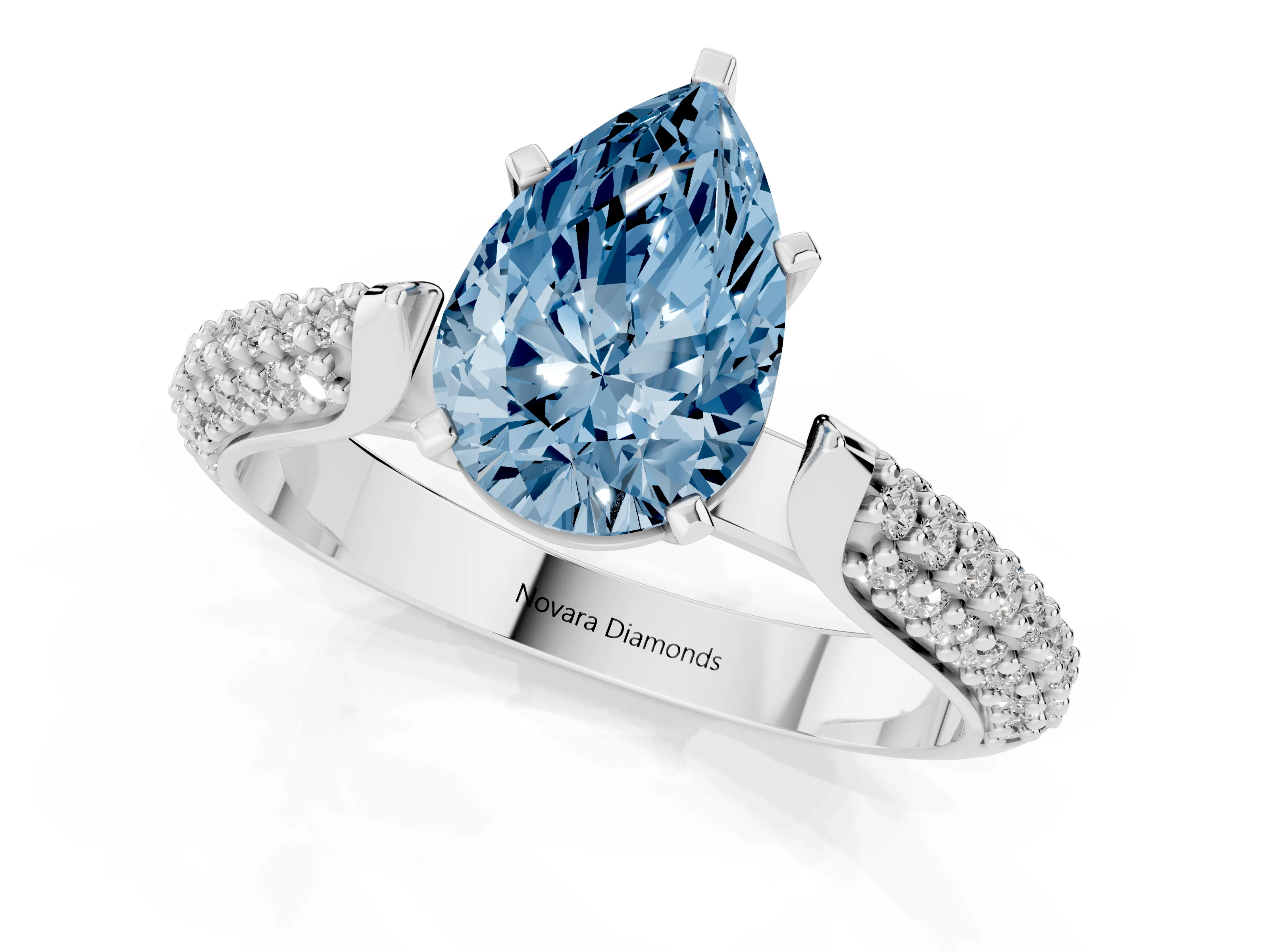 Fancy Blue Pear Cut Diamond Solitaire Engagement Ring Set in Platinum with Multi-Row Round Pavé Band and Prong Setting