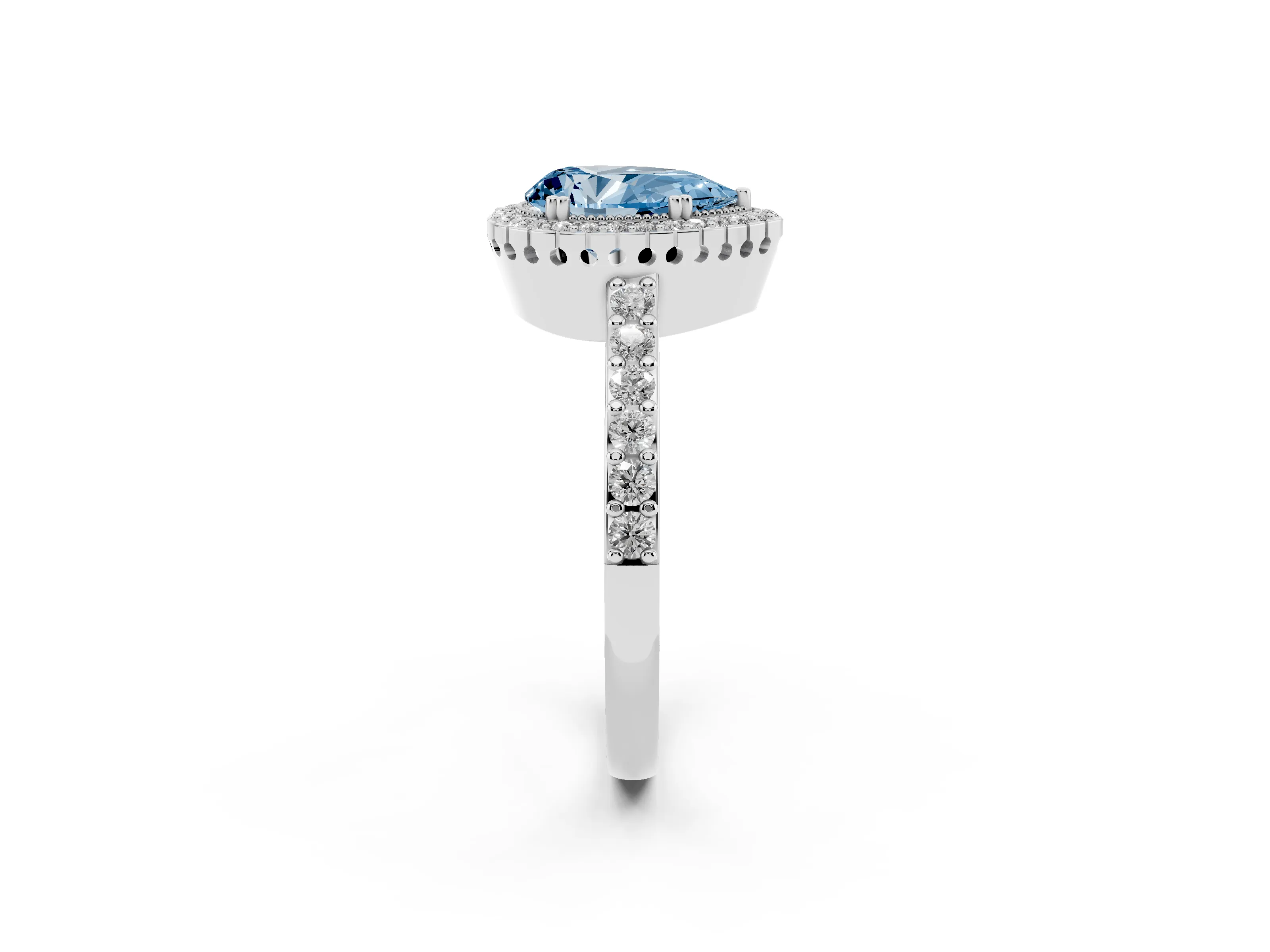 Fancy Blue Pear Cut Diamond Halo Engagement Ring Set in White gold with Milgrain Detail and Pavé Band