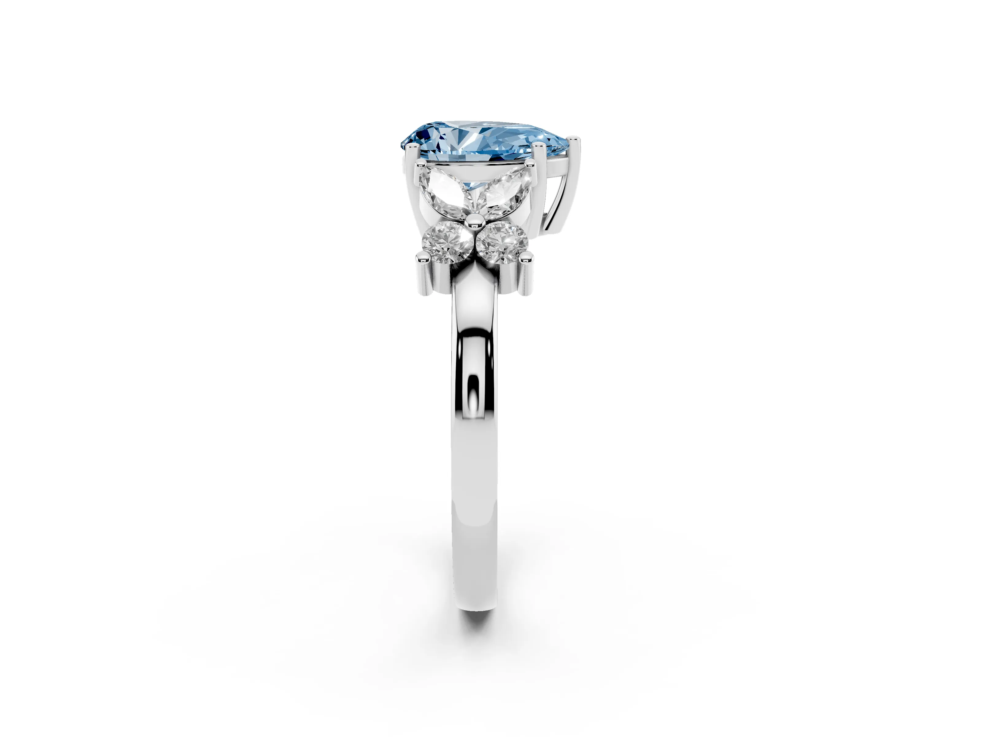 Fancy Blue Pear Cut Diamond Floral Cluster Ring Set in Silver with Marquise Petals and Prong Setting