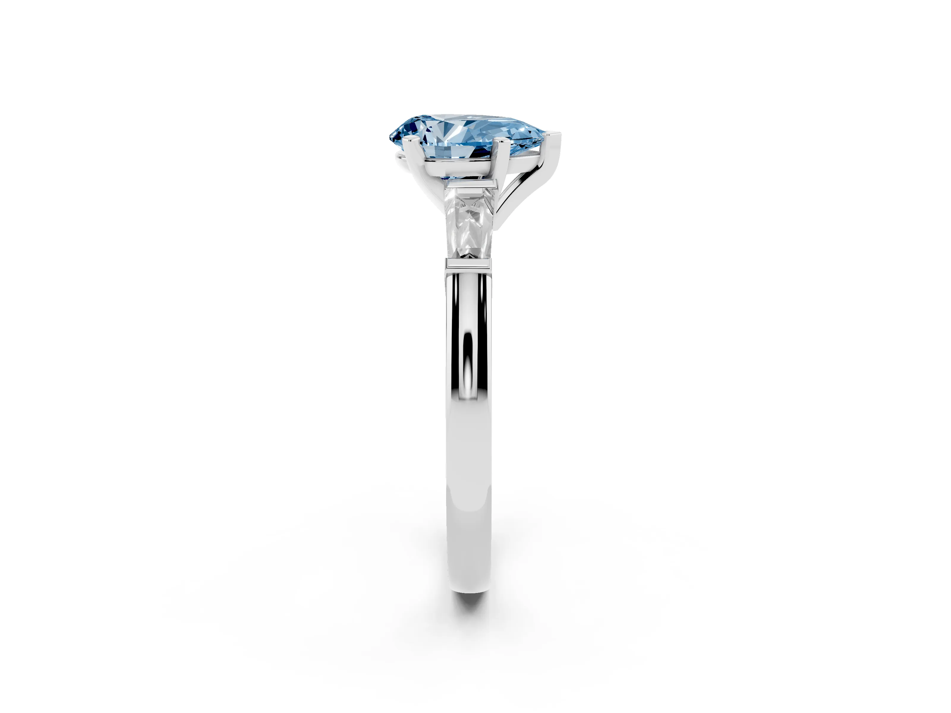 Fancy Blue Pear Cut Diamond Solitaire Ring Set in Platinum with Tapered Baguette Side Stones and Prong Setting