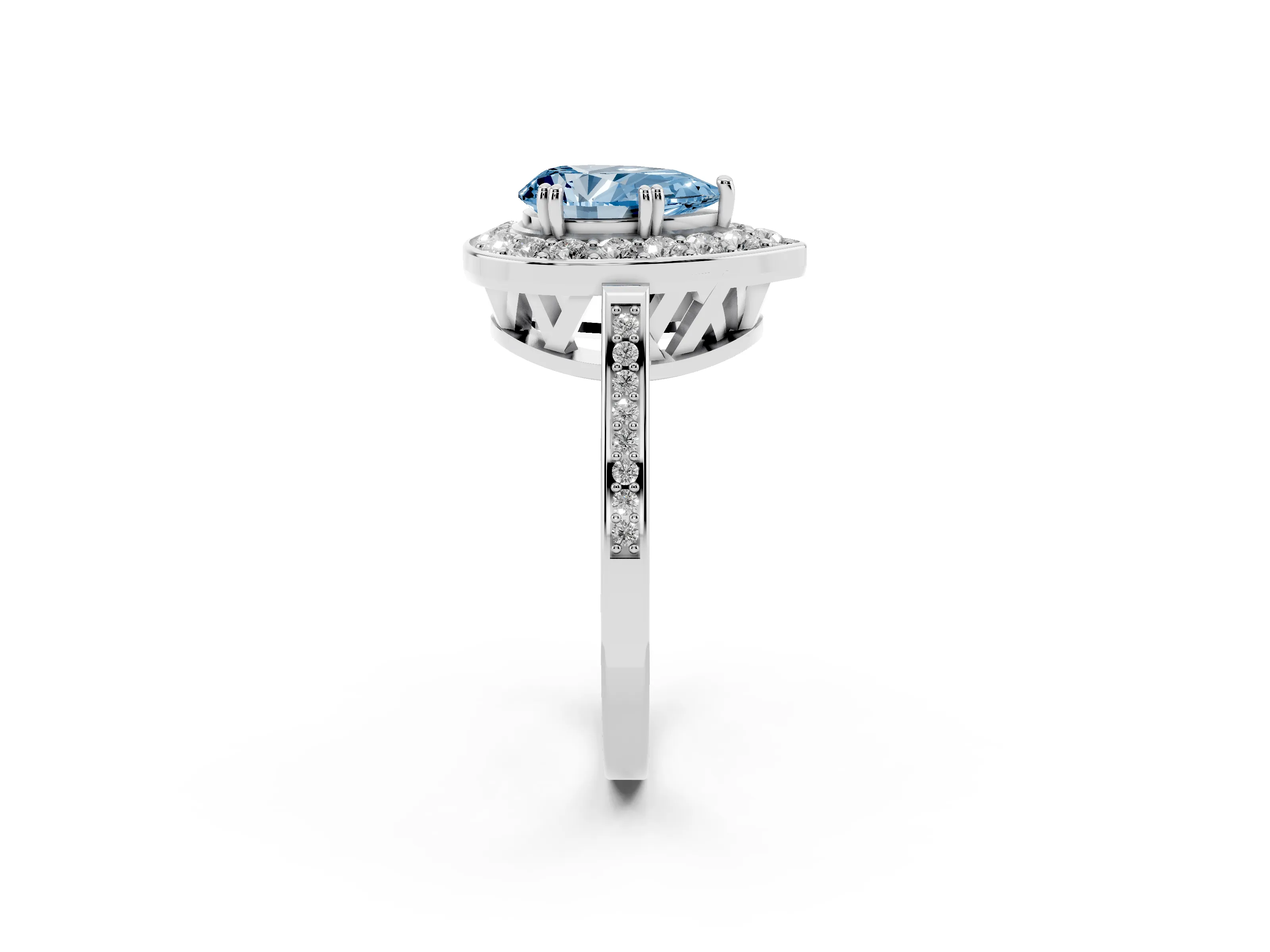 Fancy Blue Pear Cut Diamond Halo Ring Set in Silver with Accent-Lined Split Shank and Prong Setting