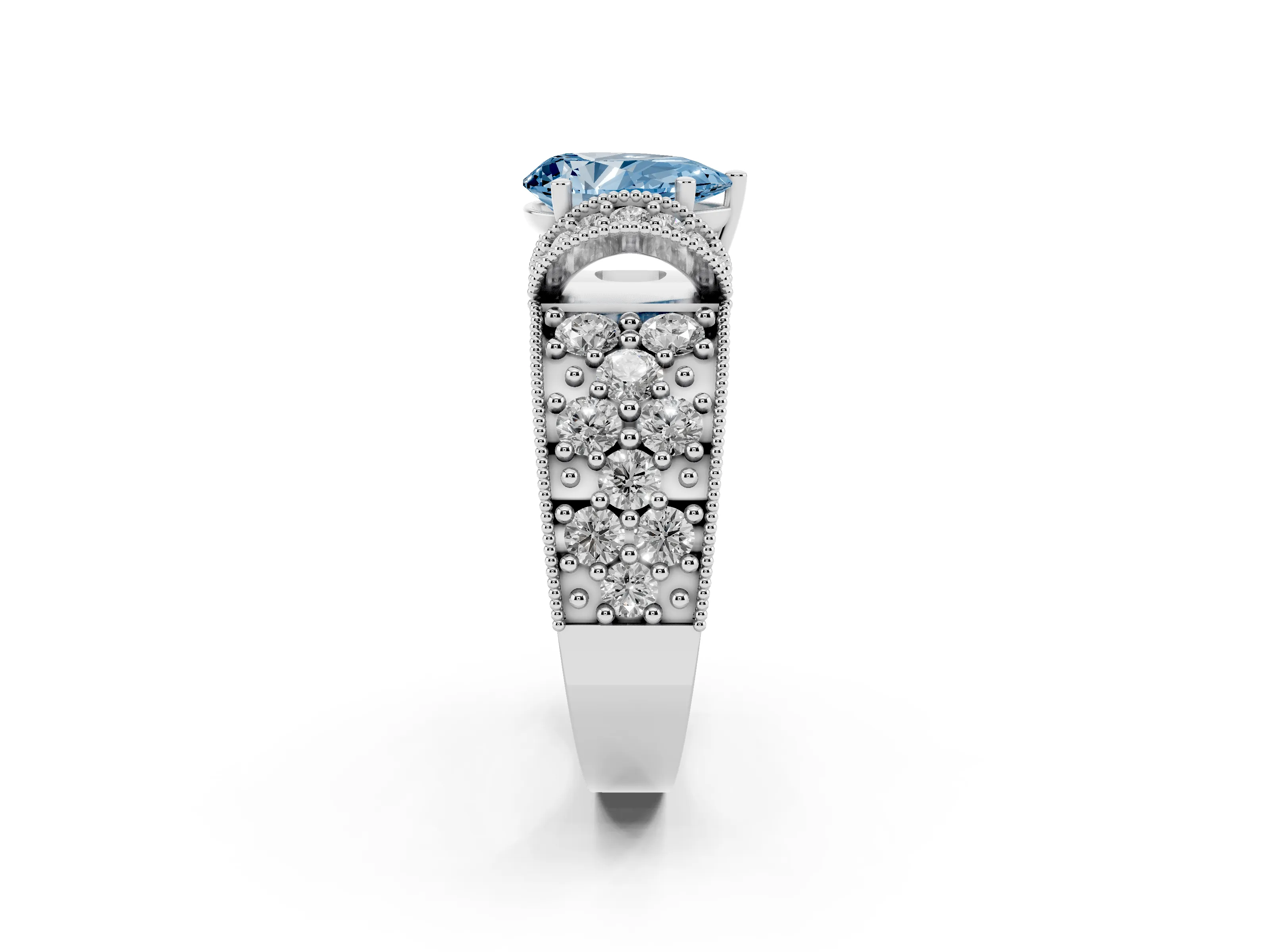 Fancy Blue Pear Cut Diamond Milgrain Halo Pavé Engagement Ring Set in White gold with Prong Setting