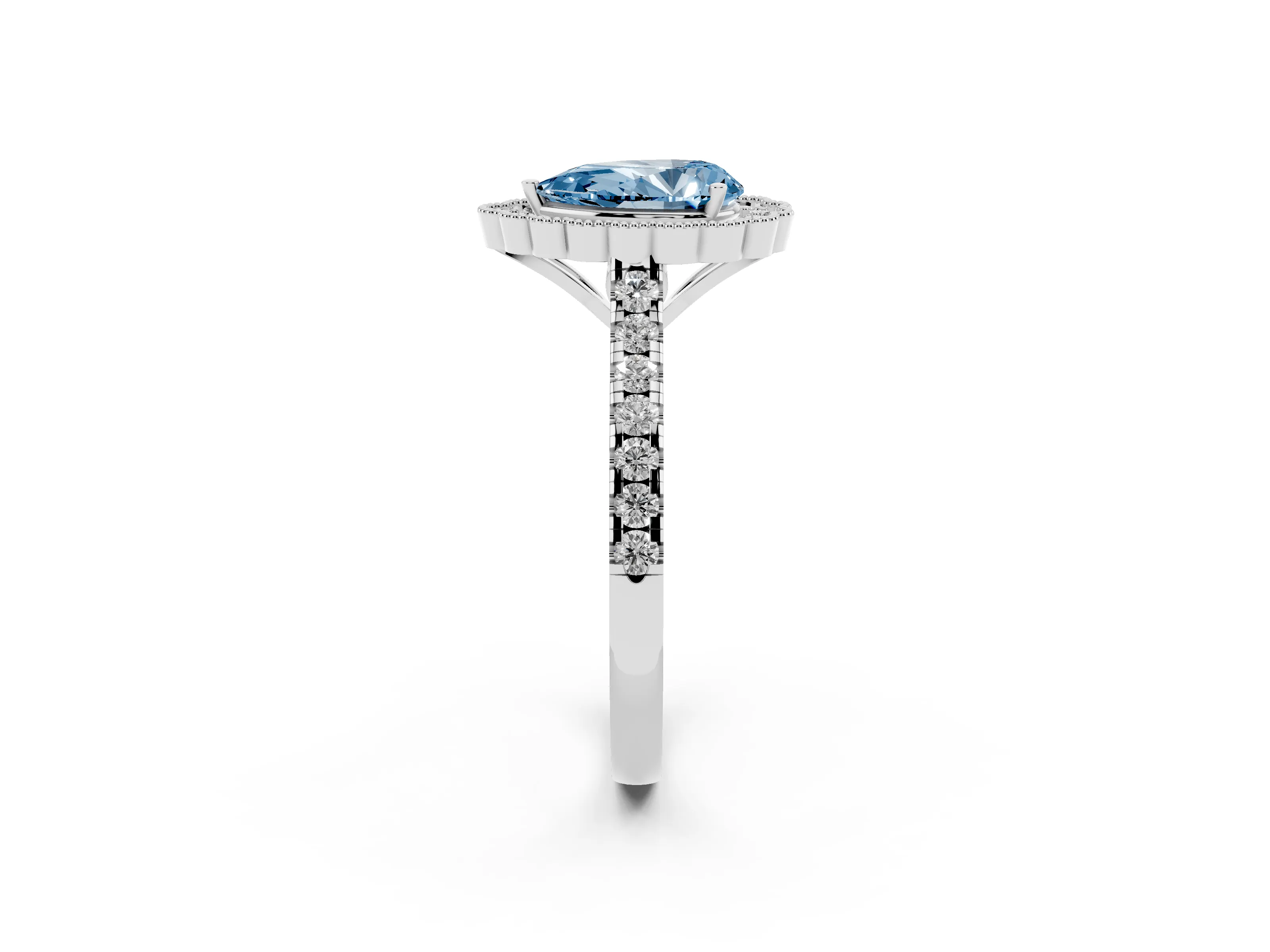 Fancy Blue Pear Cut Diamond Milgrain Floral Halo Engagement Ring Set in Platinum with Pavé Band