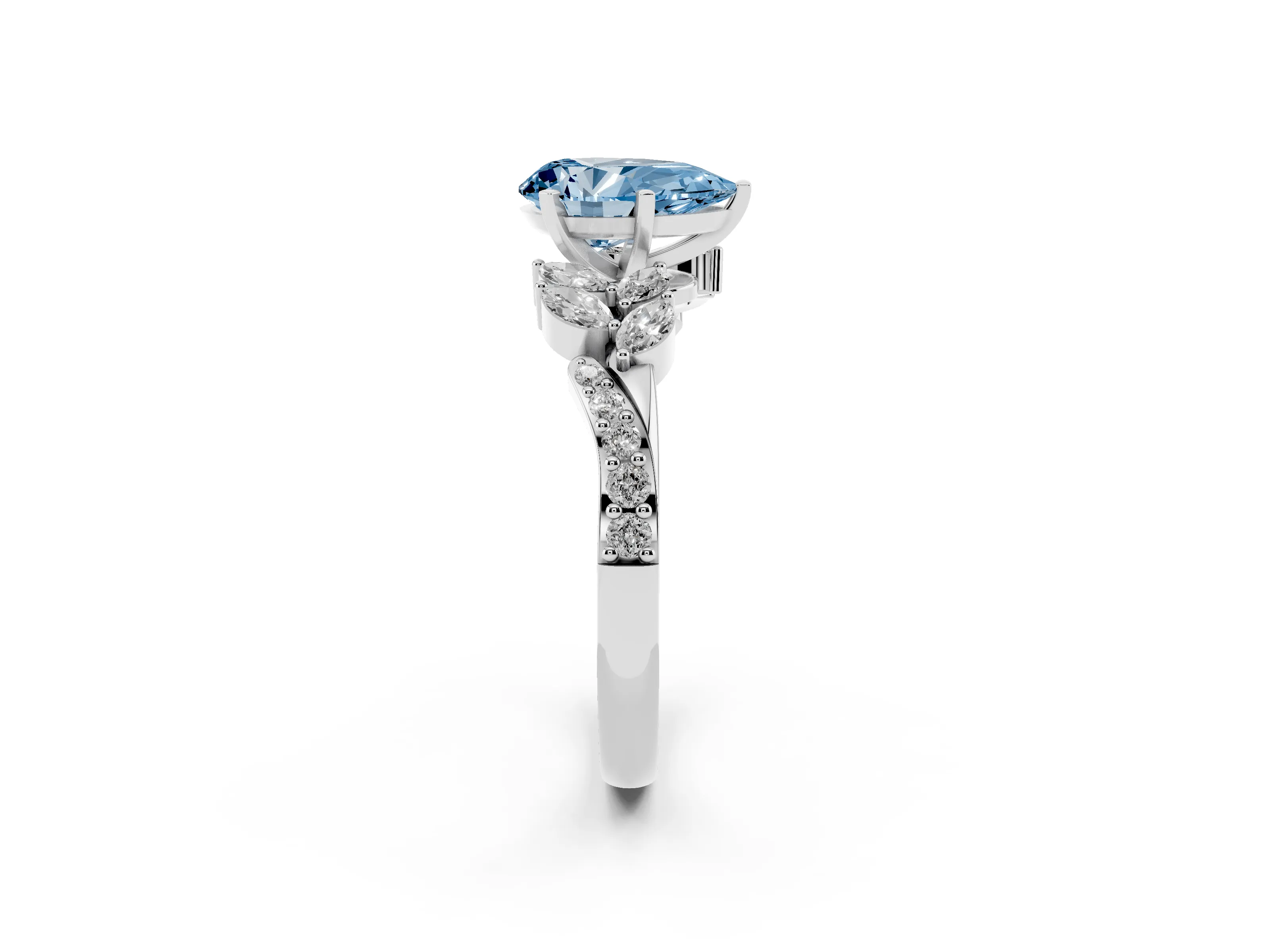 Fancy Blue Pear Cut Diamond Solitaire Ring Set in White gold with Marquise Twist Band and Prong Setting