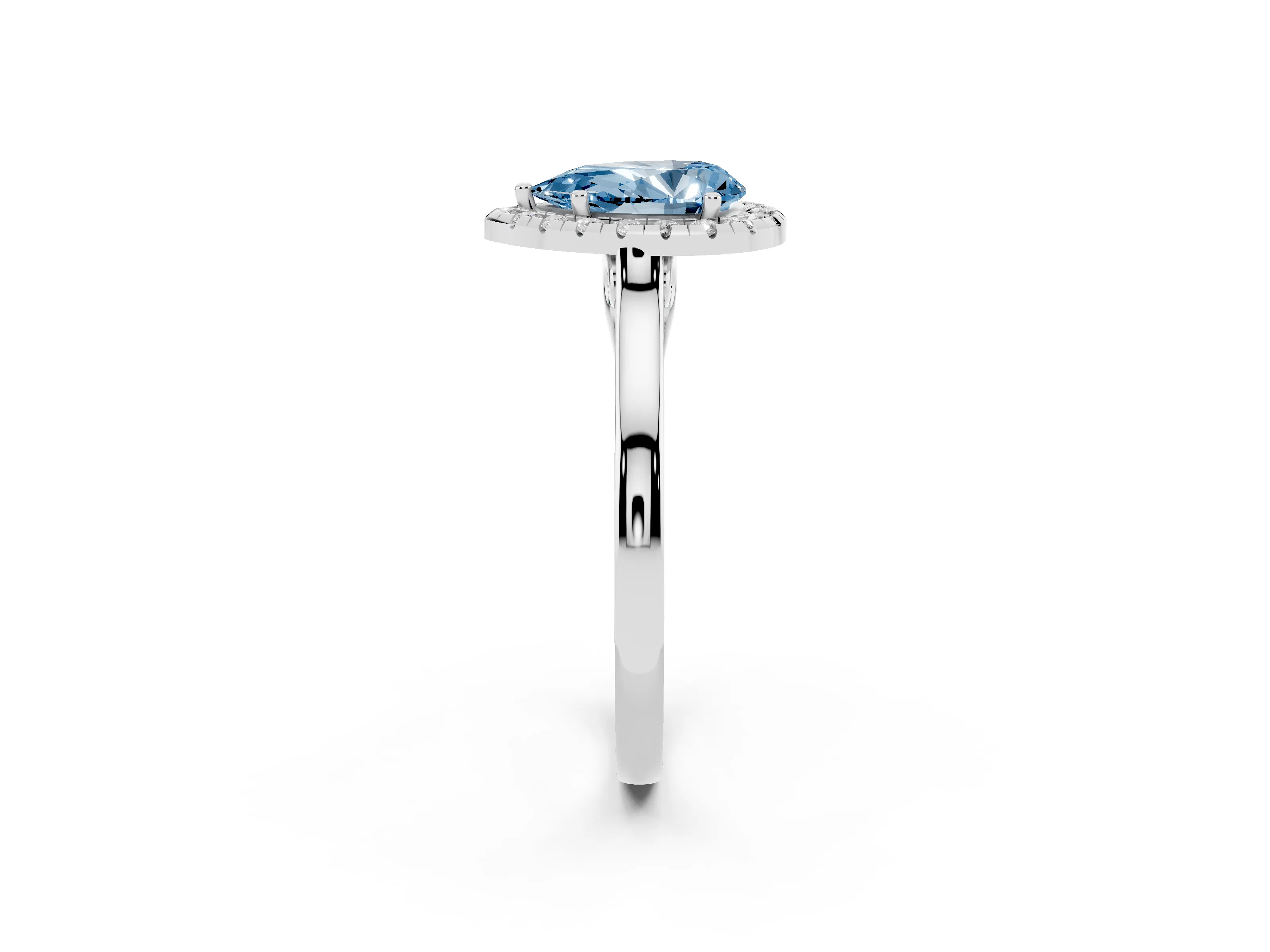 Fancy Blue Pear Cut Halo Round Diamond Solitaire Ring Set in White gold with Pavé Band and Prong Setting