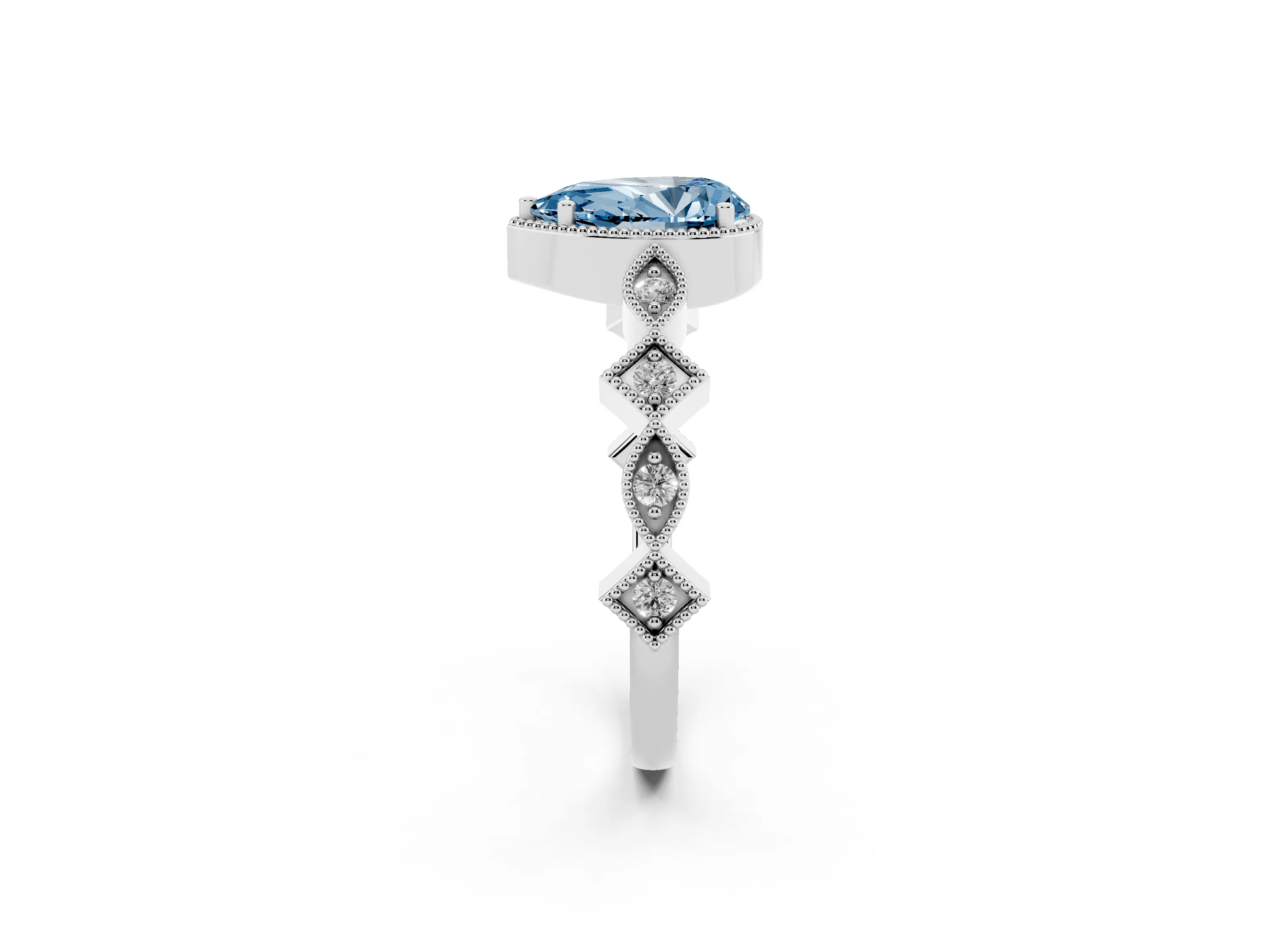 Fancy Blue Pear Cut Diamond Milgrain Marquise Twist Band Ring Set in White gold with Prong Setting
