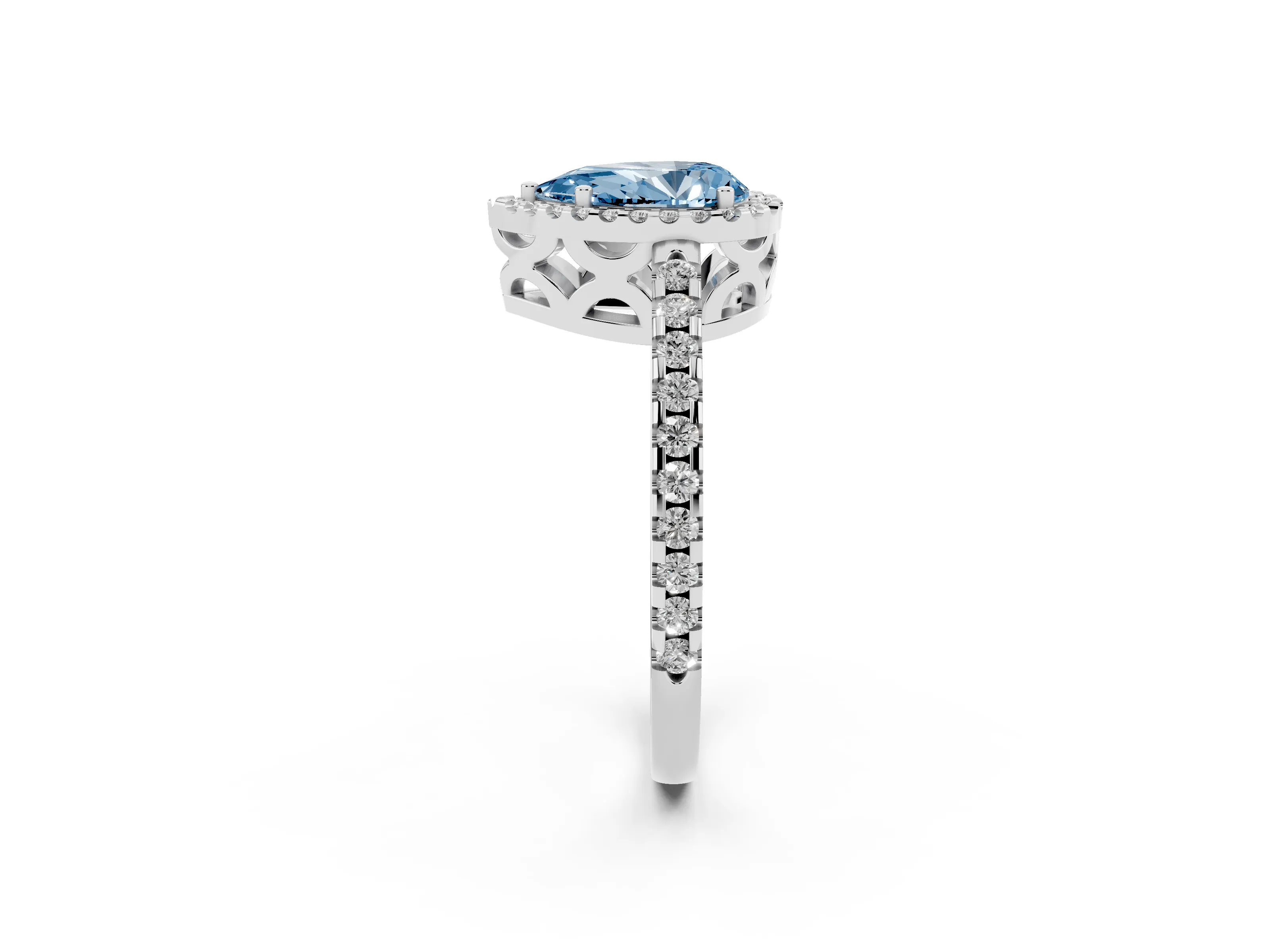 Fancy Blue Pear Cut Diamond Halo Ring Set in Silver with Pavé Shoulders and Halo-Framed Center