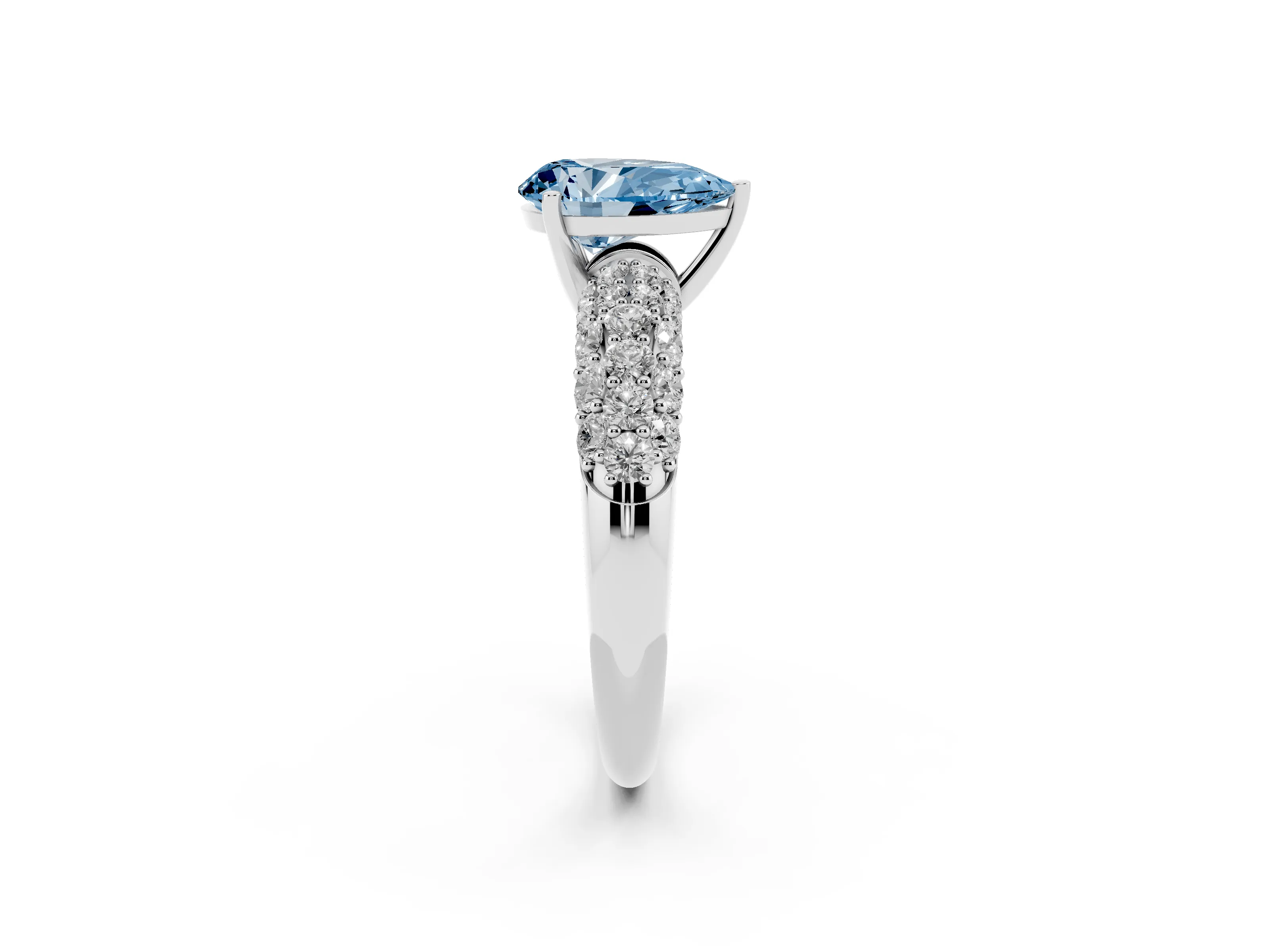 Fancy Blue Pear Cut Diamond Pavé Band Solitaire Ring Set in Silver with Close-Set Accent Stones and Prong Setting