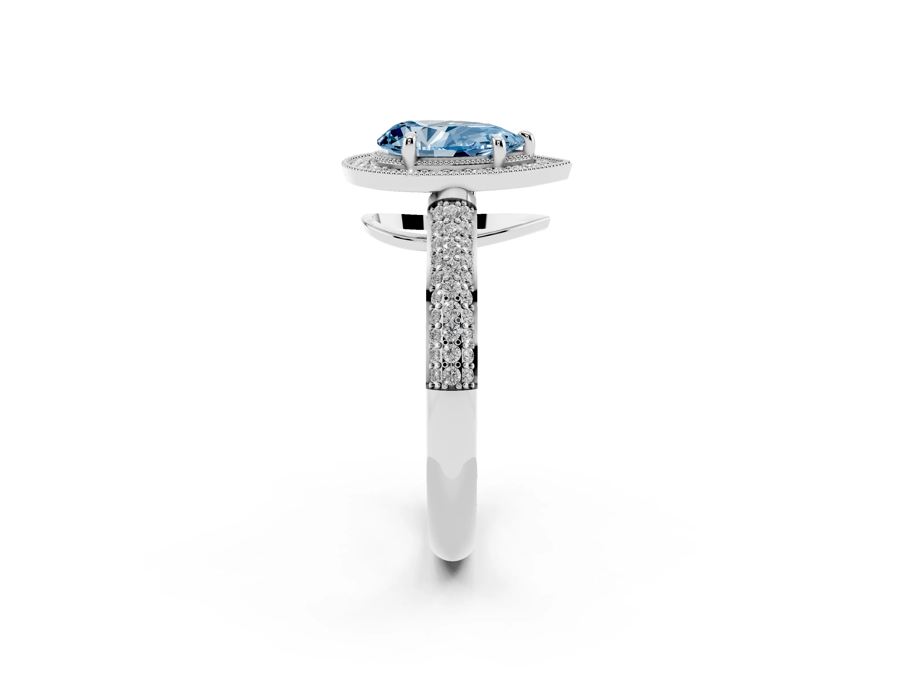 Fancy Blue Pear Cut Diamond Halo Pavé Band Set in White gold with Prong Setting