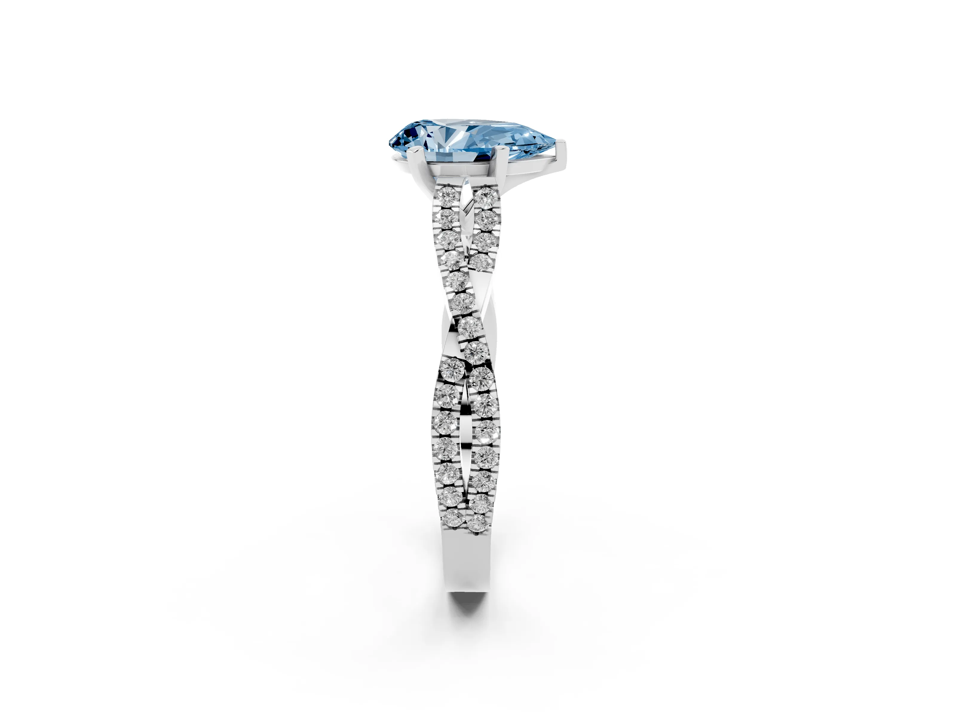 Fancy Blue Pear Cut Diamond Solitaire Engagement Ring Set in White gold with Twisted Pavé Band and Prong Setting
