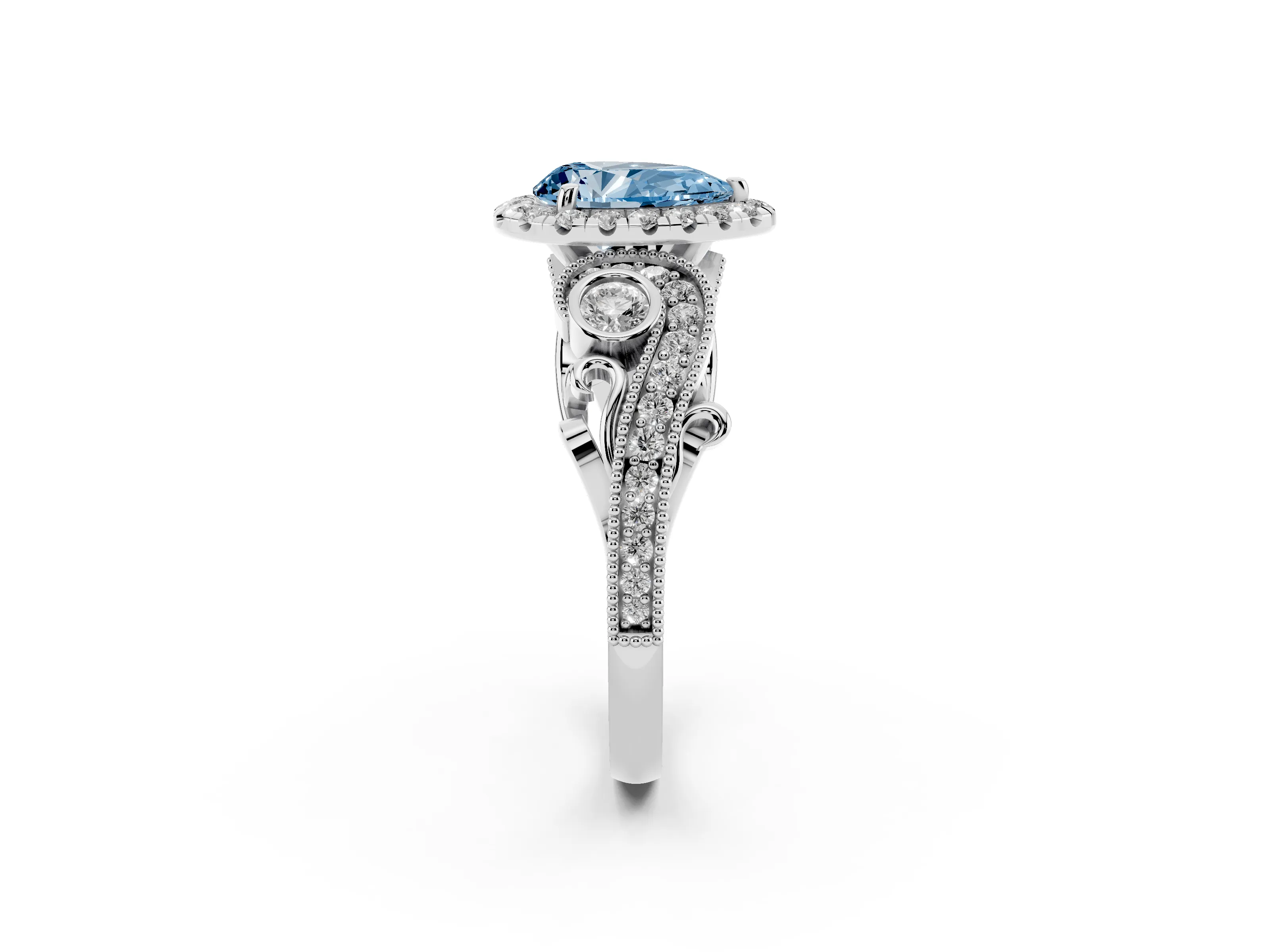 Fancy Blue Pear Cut Diamond Halo Ring Set in Silver with Milgrain Pavé Band and Prong Setting