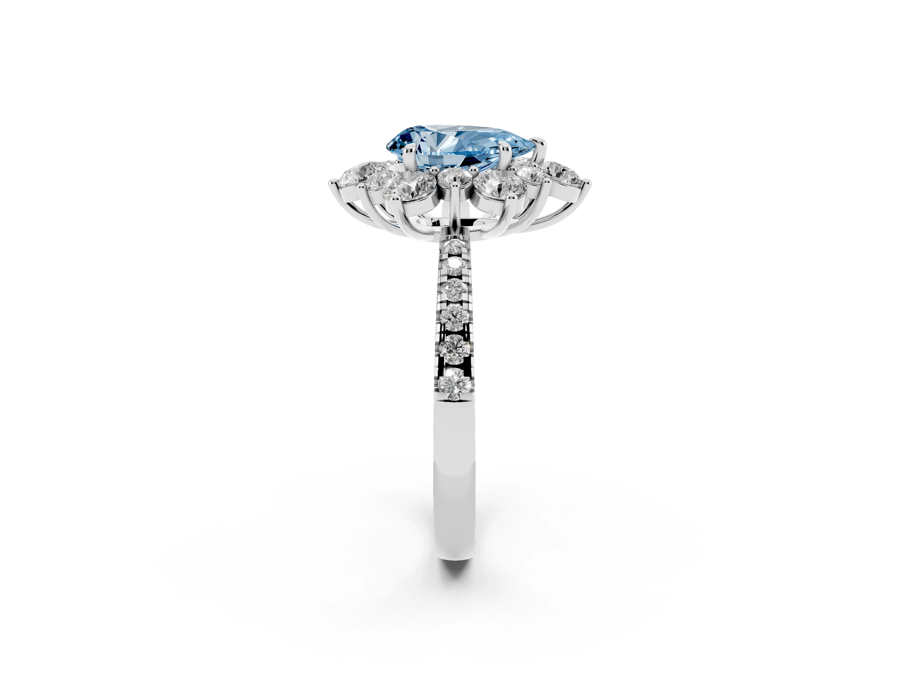 Fancy Blue Pear Cut Diamond Floral Halo Ring Set in White gold with Round Pavé Band and Prong Setting