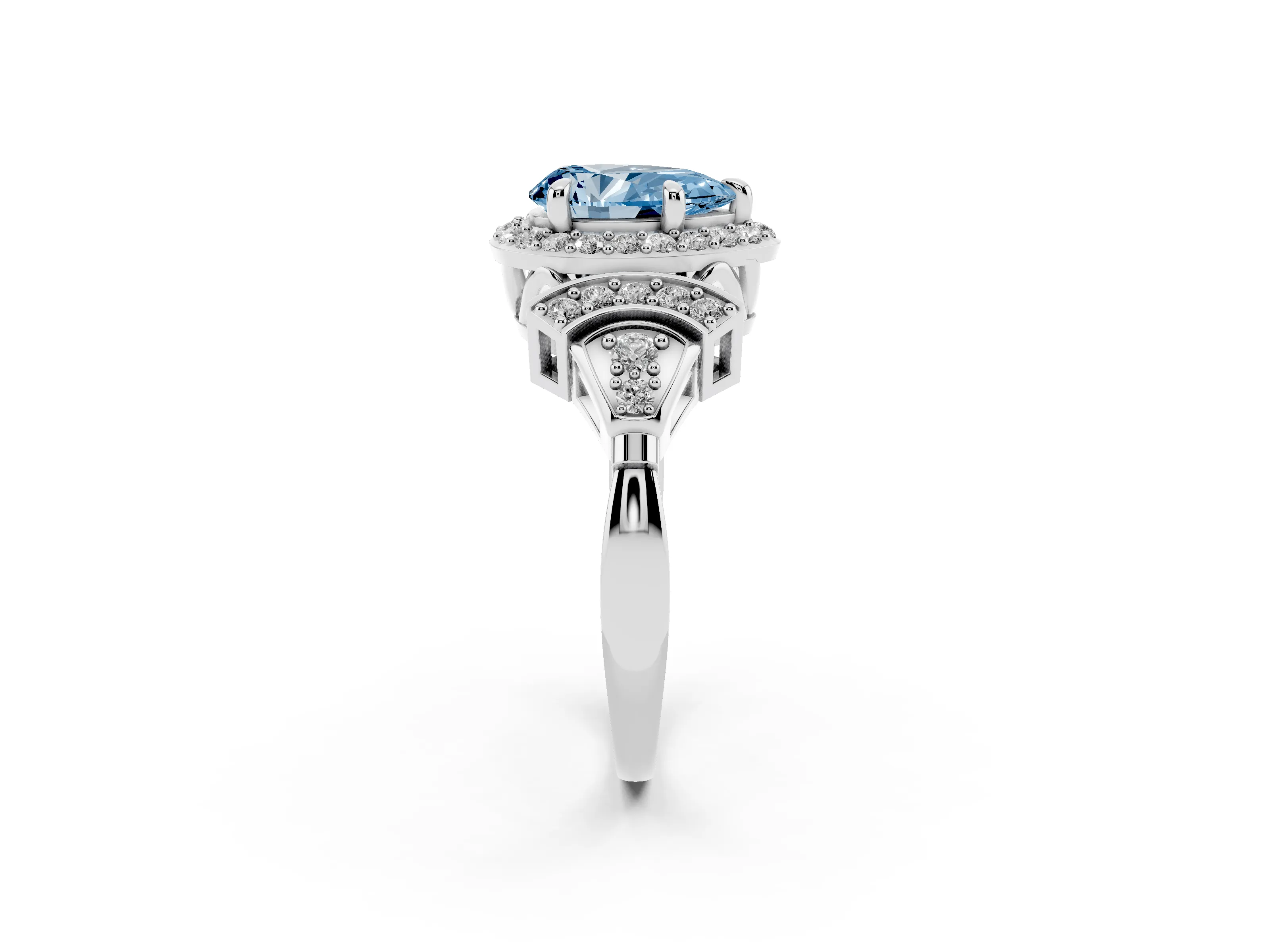 Fancy Blue Pear Cut Diamond Halo Engagement Ring Set in Platinum with Accent Stone Split Shank