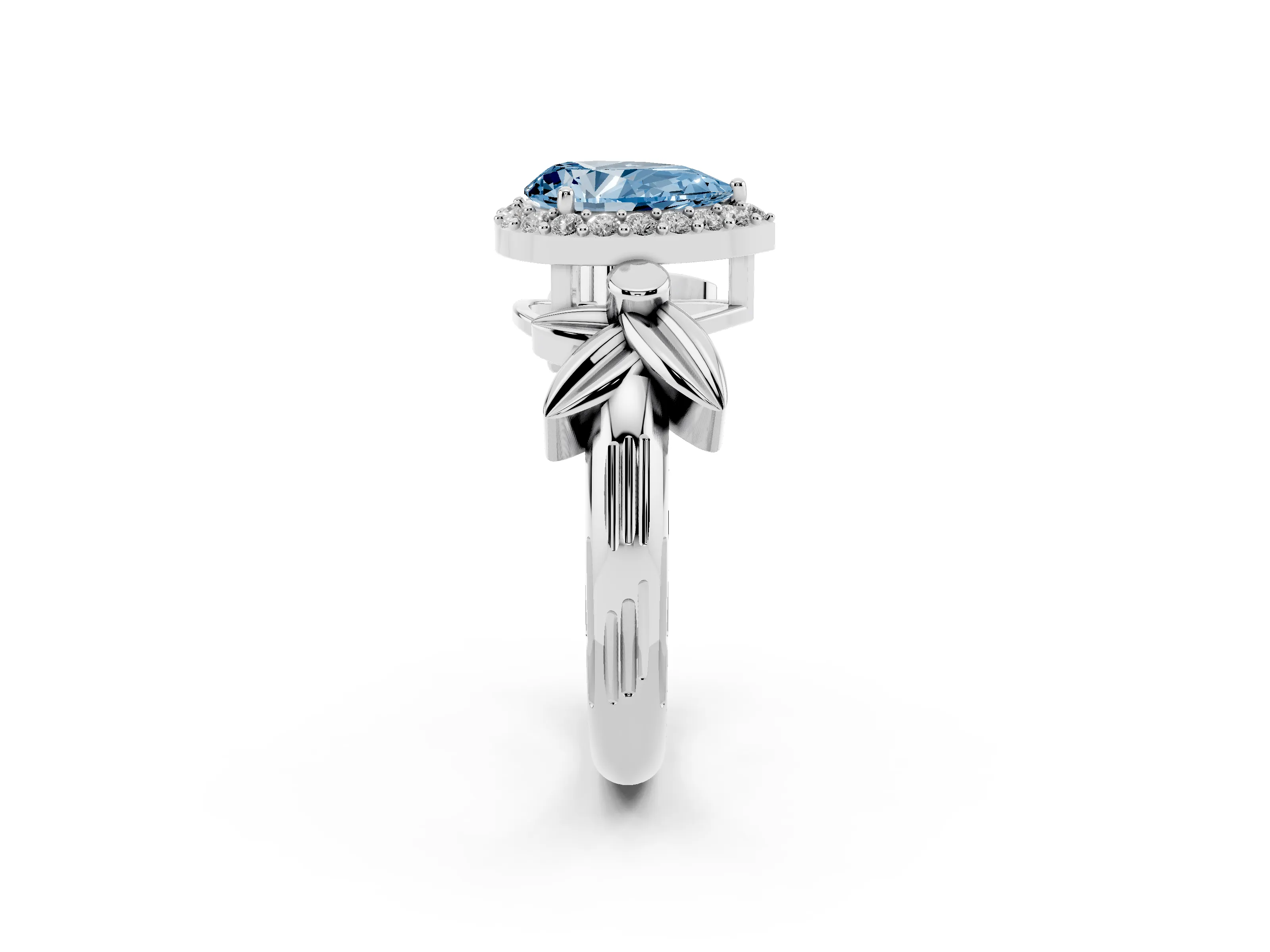 Fancy Blue Pear Cut Diamond Halo Floral Band Ring Set in White gold with Prong Setting