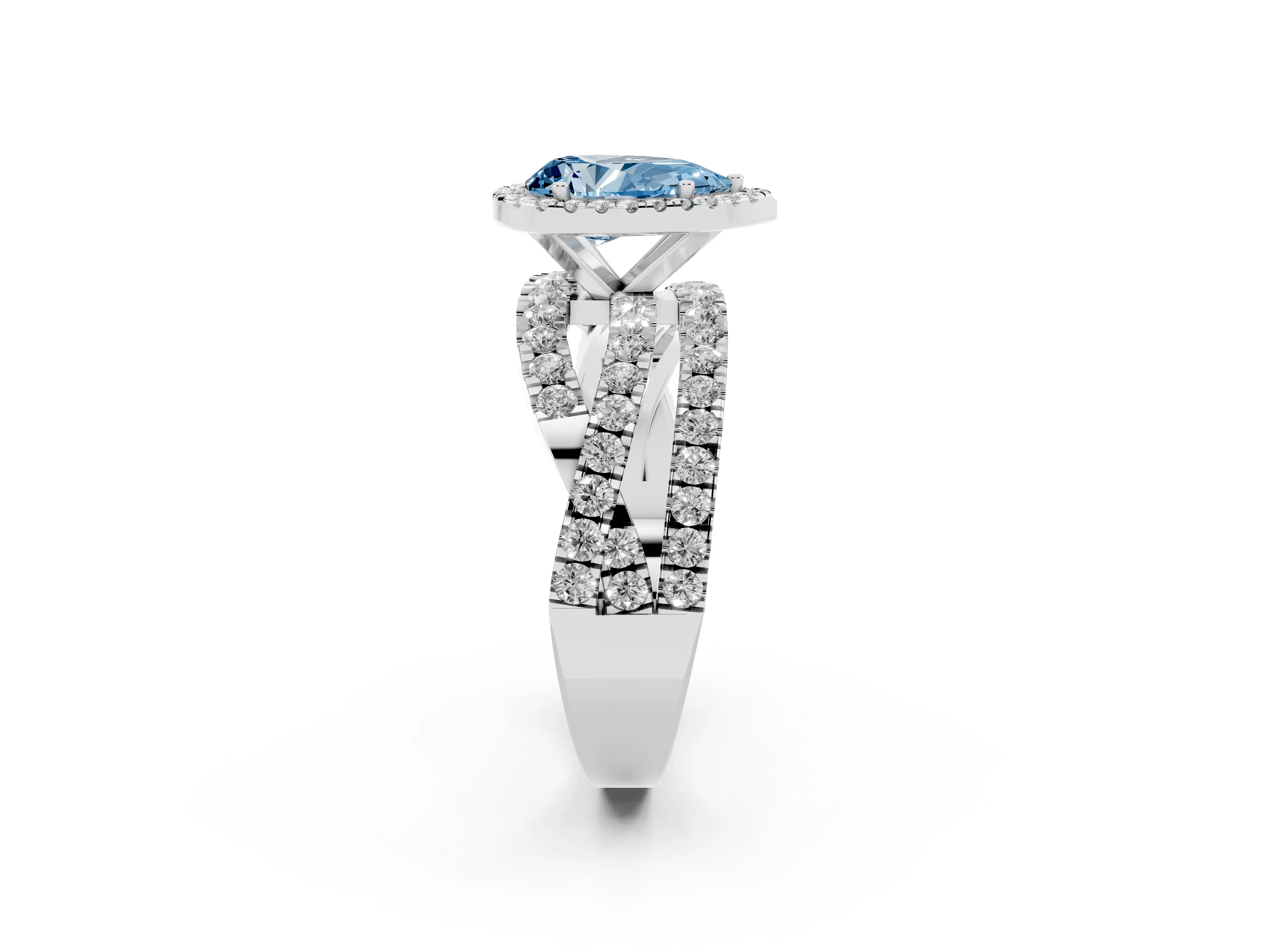 Fancy Blue Pear Cut Diamond Halo Ring Set in Silver with Round Crossover Split Shank and Prong Setting