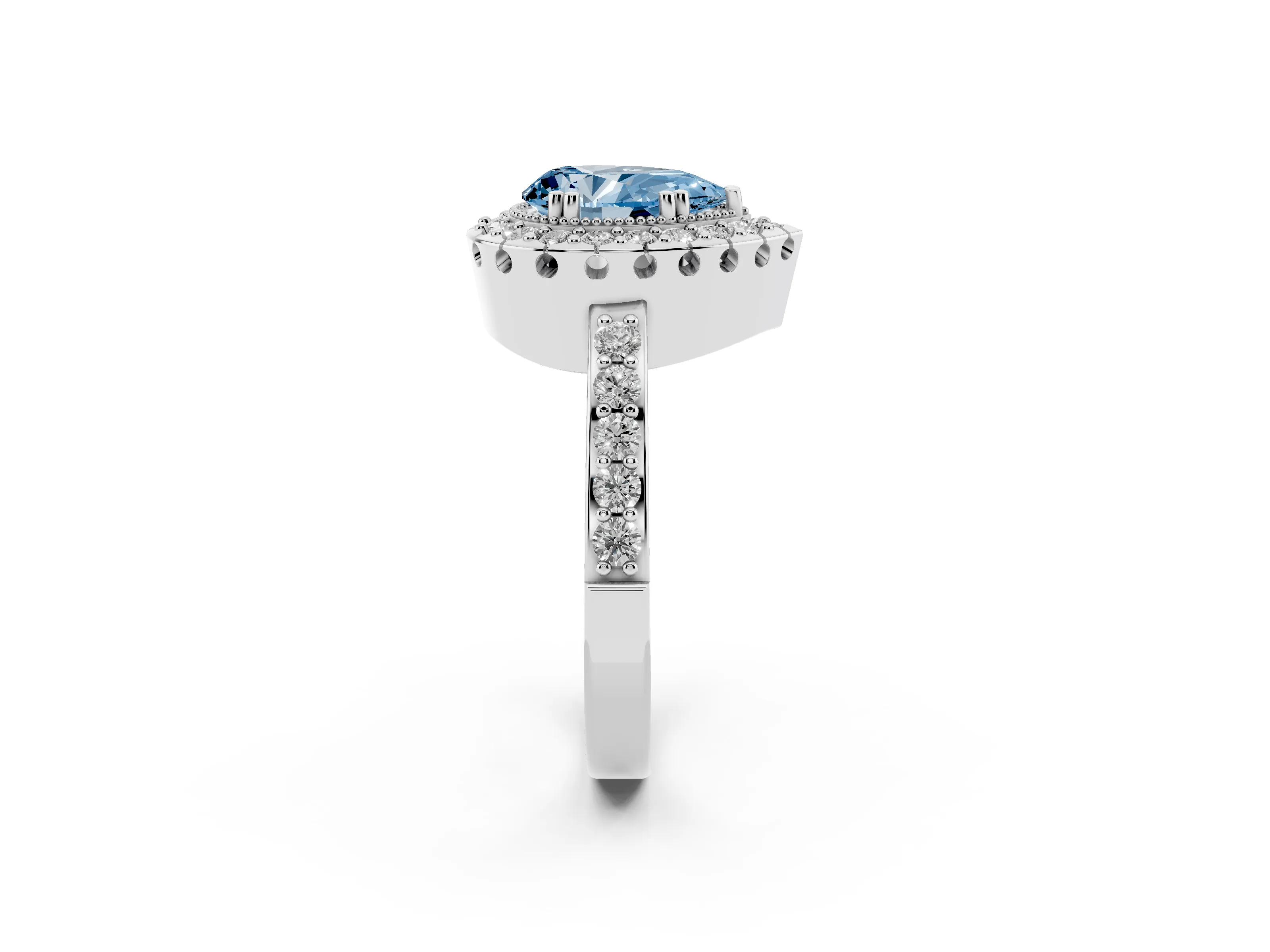 Fancy Blue Pear Cut Diamond Halo Ring Set in White gold with Pavé Shank and Prong Setting