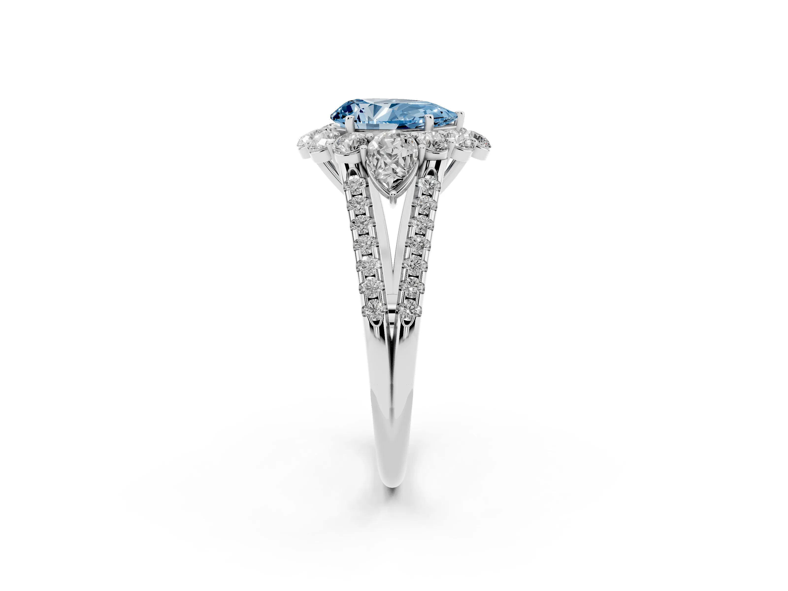 Fancy Blue Pear Cut Diamond Halo Split Shank Engagement Ring Set in Silver with Prong-Held Center Stone
