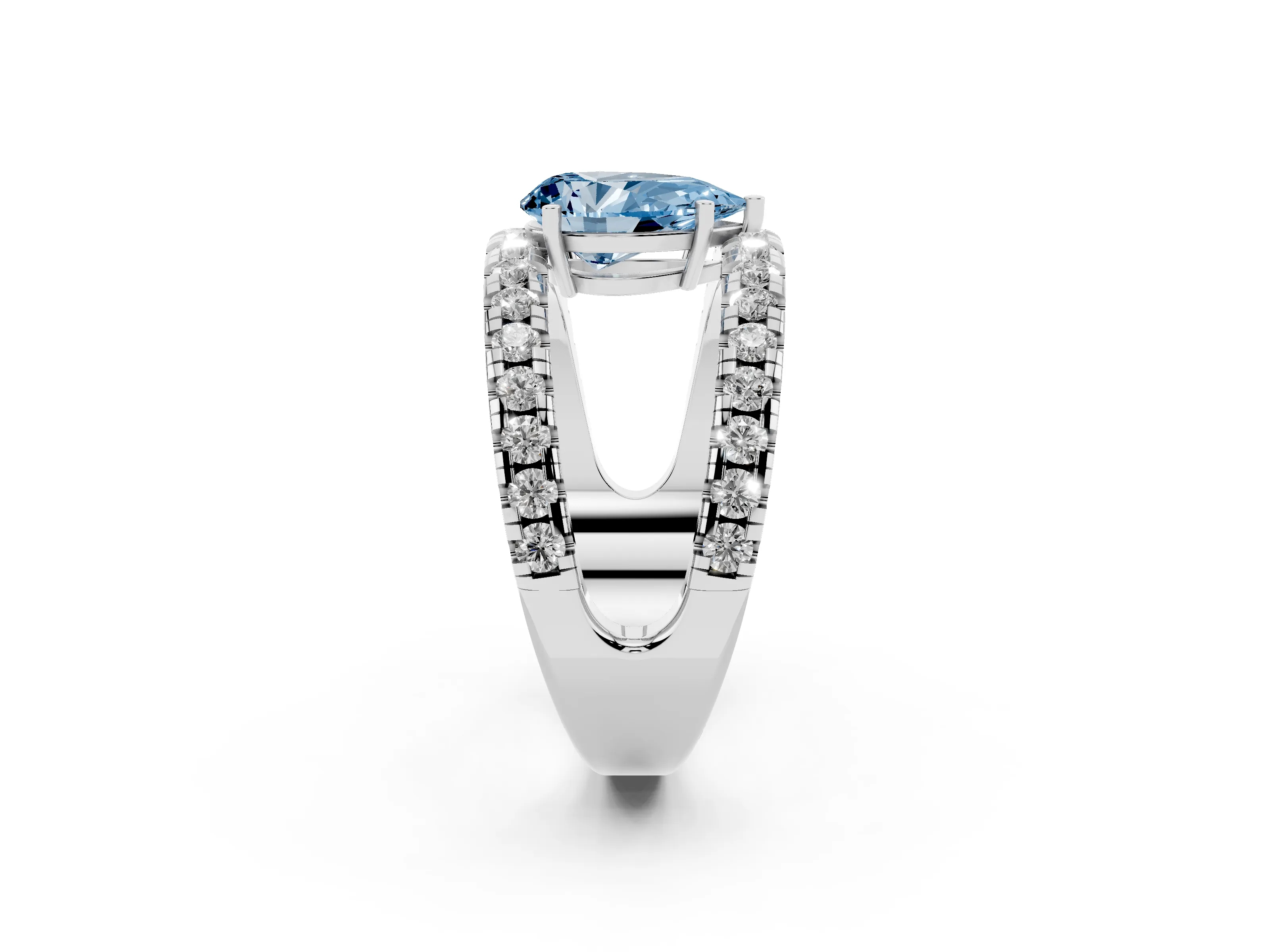 Fancy Blue Pear Cut Diamond Split Shank Pavé Solitaire Ring Set in Silver with Open Shank Design