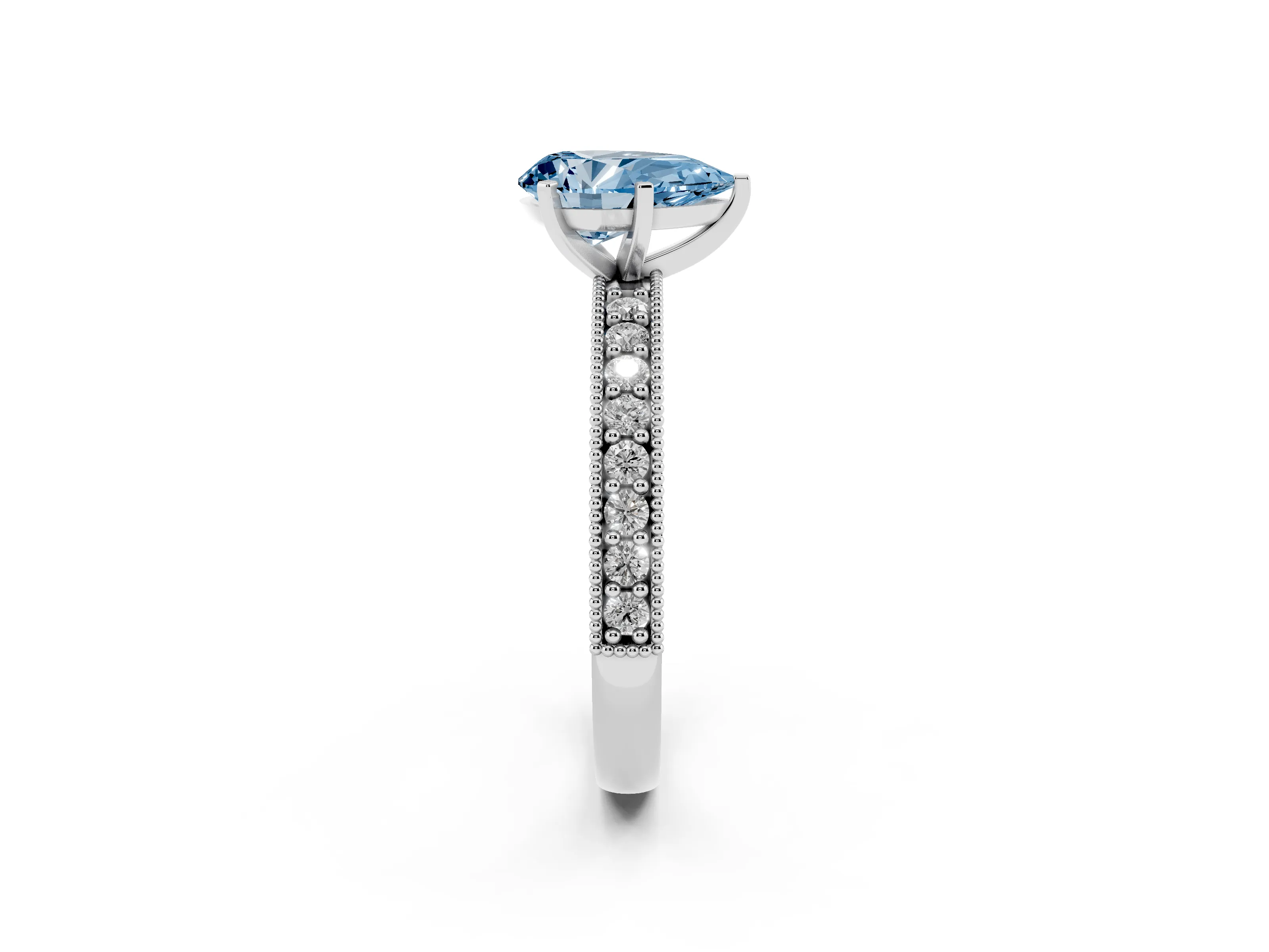 Fancy Blue Pear Cut Diamond Milgrain Pavé Engagement Ring Set in White gold with Prong Setting