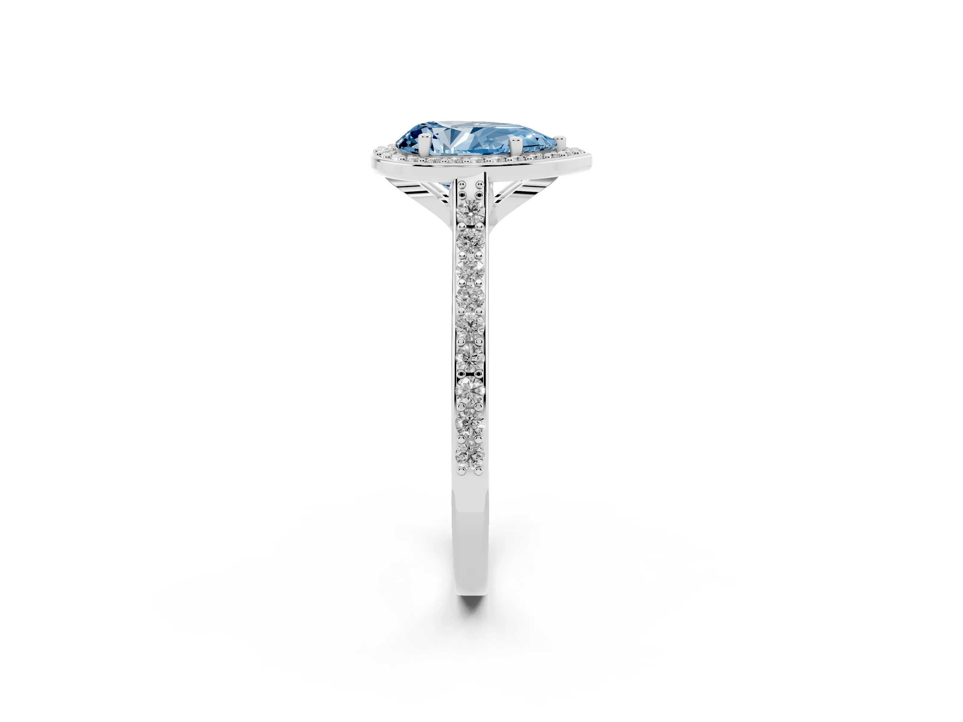 Fancy Blue Pear Cut Diamond Halo Engagement Ring Set in Platinum with Round Pavé Shoulders and Heart Gallery
