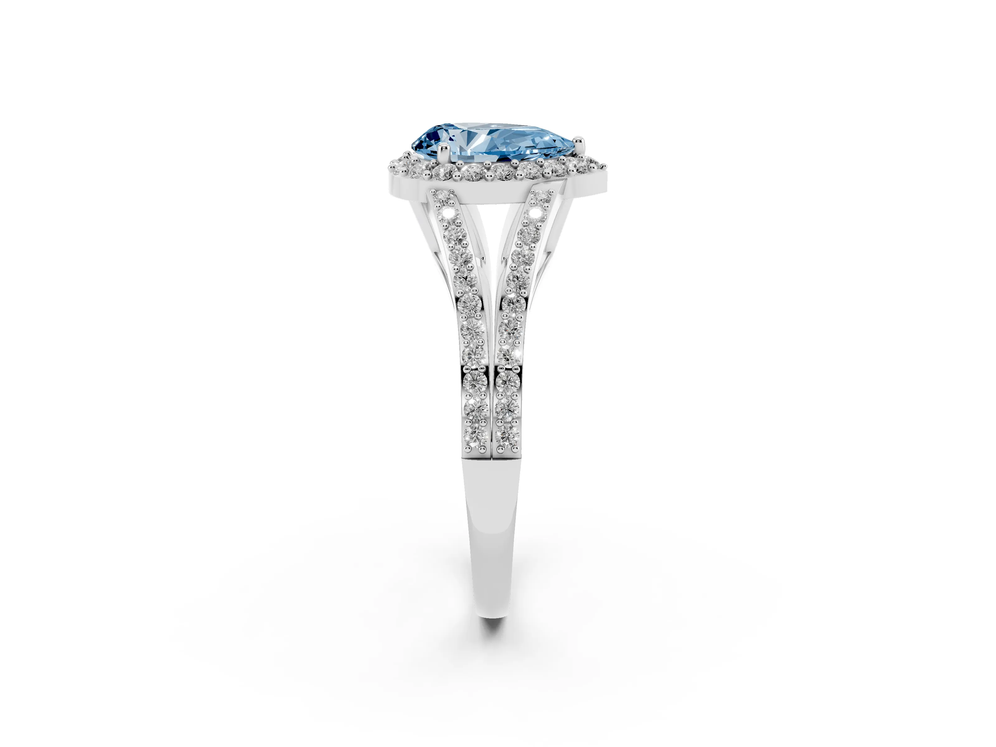 Fancy Blue Pear Cut Diamond Halo Split Shank Pavé Ring Set in Platinum with Prong Setting