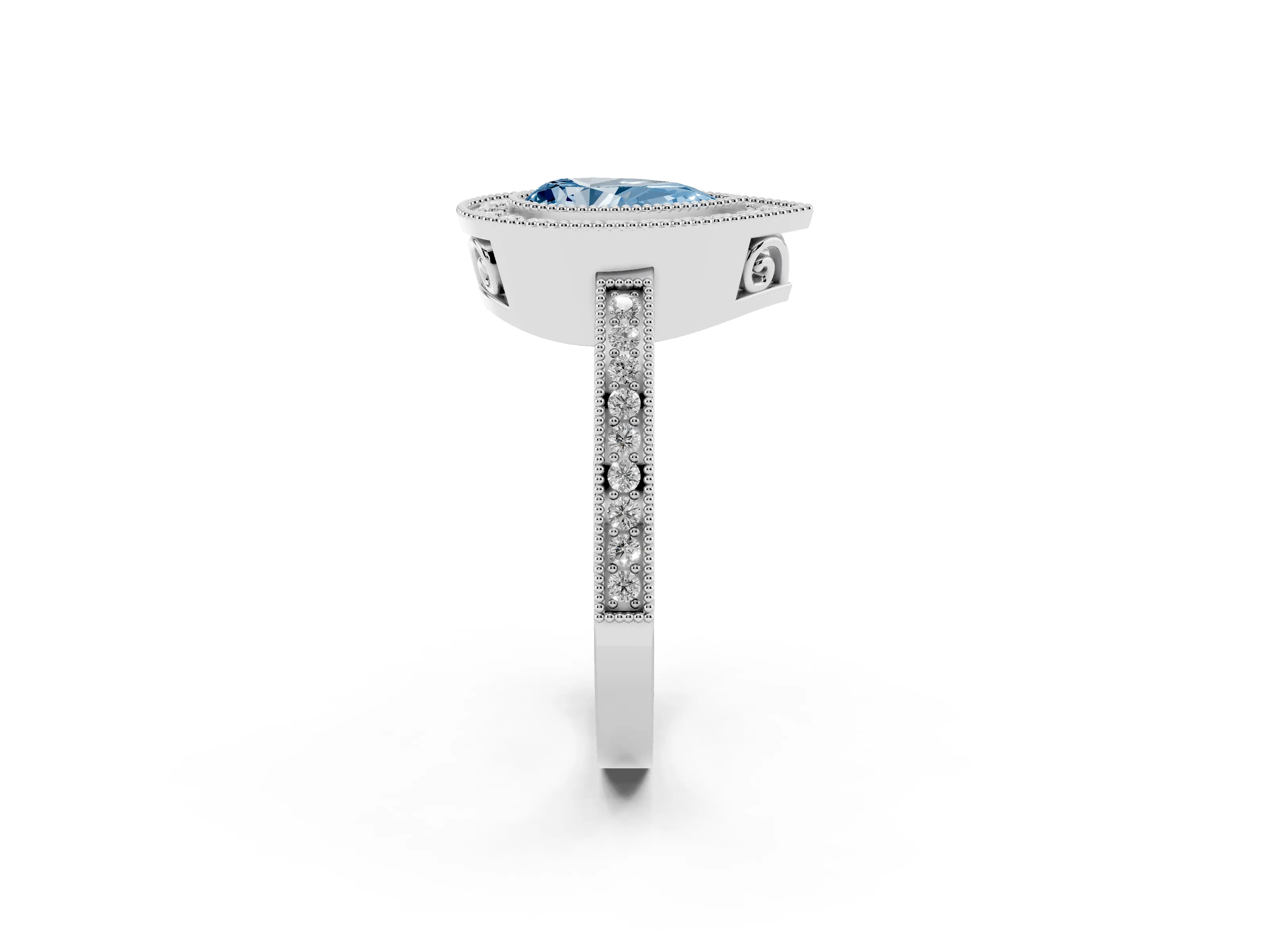 Fancy Blue Pear Cut Diamond Halo Ring Set in Platinum with Pavé Band and Milgrain-Edged Prongs