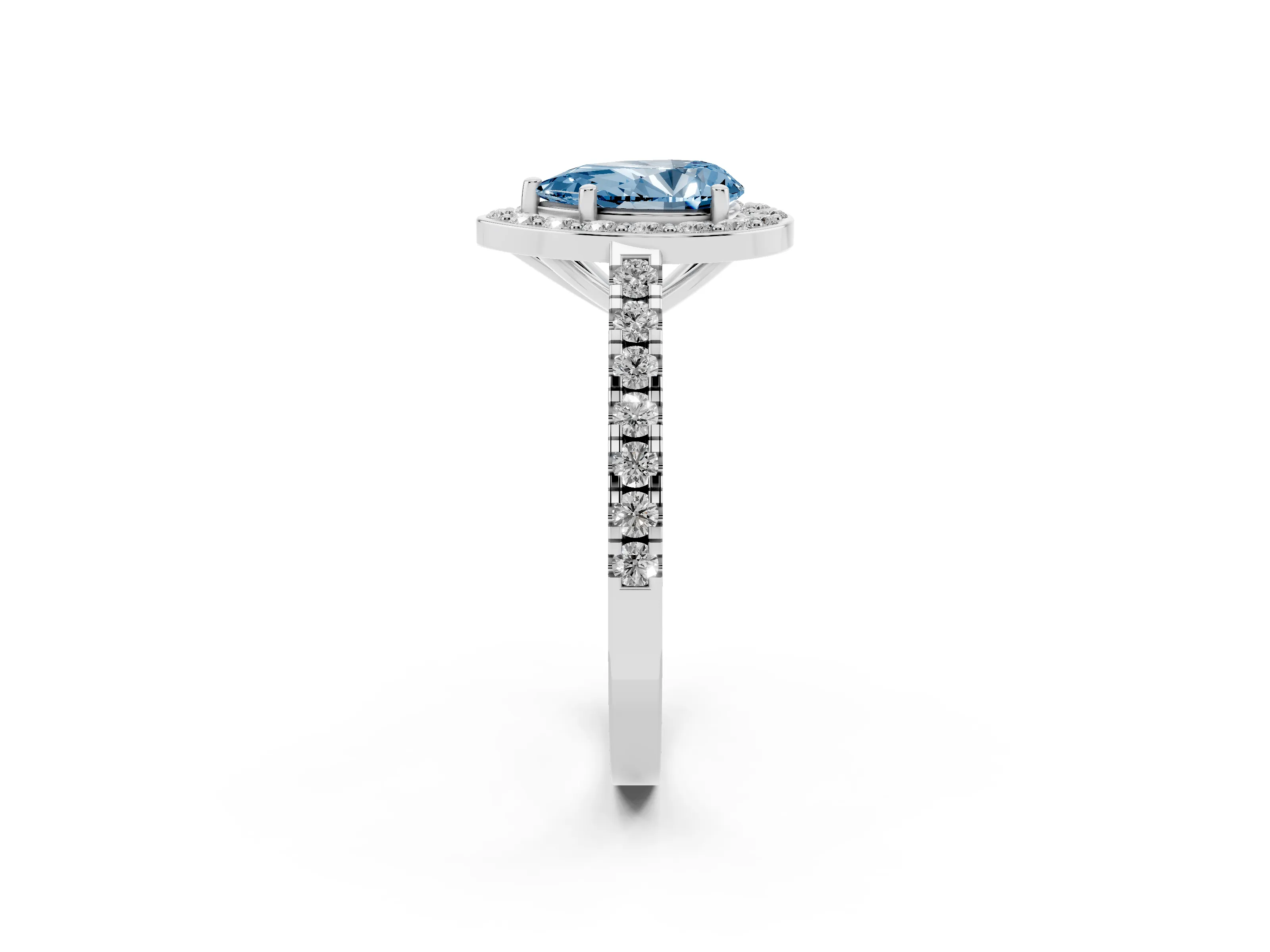 Fancy Blue Pear Cut Diamond Halo Ring Set in White gold with Round Pavé Split Shank and Prong Setting